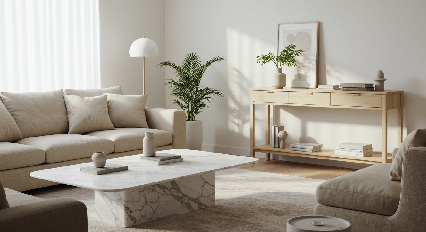 Designer furniture pieces in beige, ivory and marble standing out in a neutral environment.