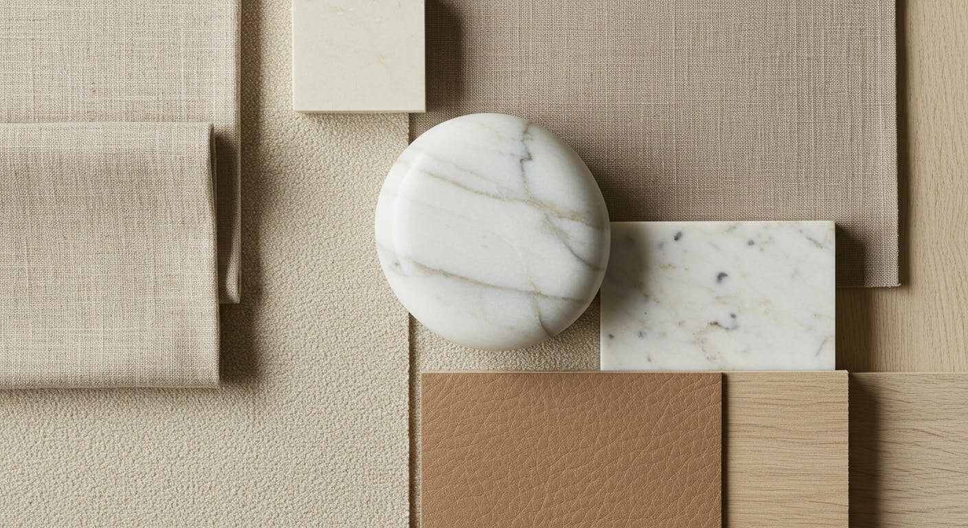 Selection of neutral tones with different textures like linen, wood, and marble for refined interiors.