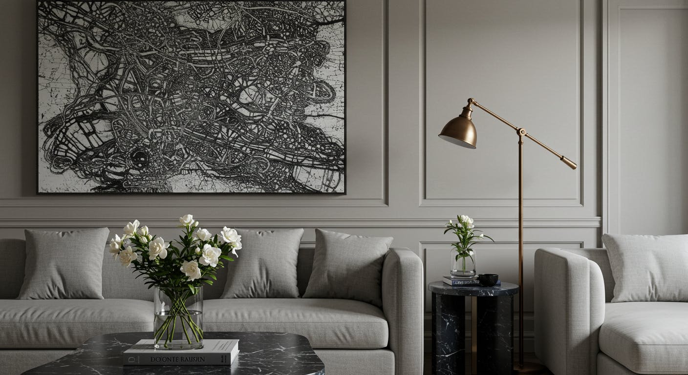 Timeless neutral space enhanced with subtle decorative accents like art and lighting.