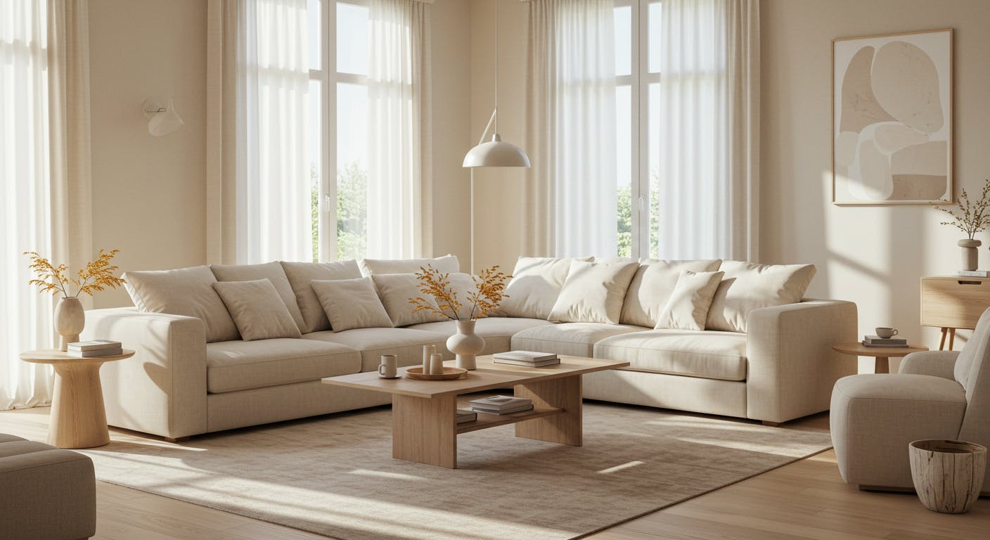 Neutral interior flooded with natural light, warm and spacious with elegant furnishings.