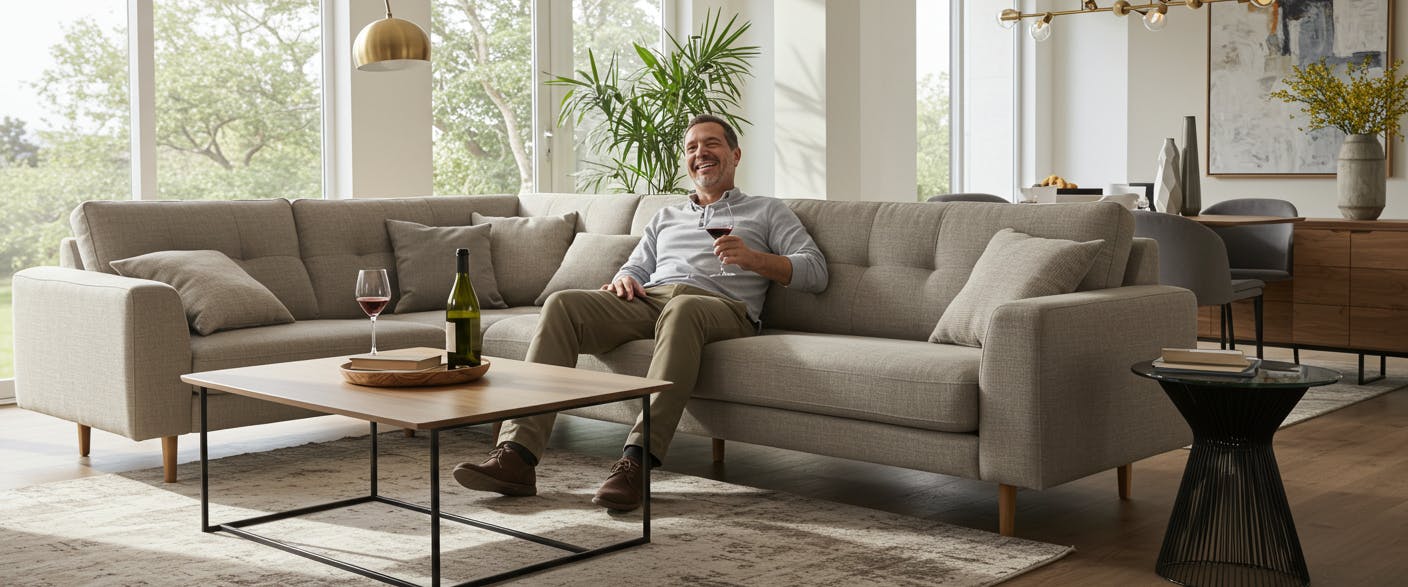 Satisfied client enjoying their newly furnished home with custom luxury pieces.