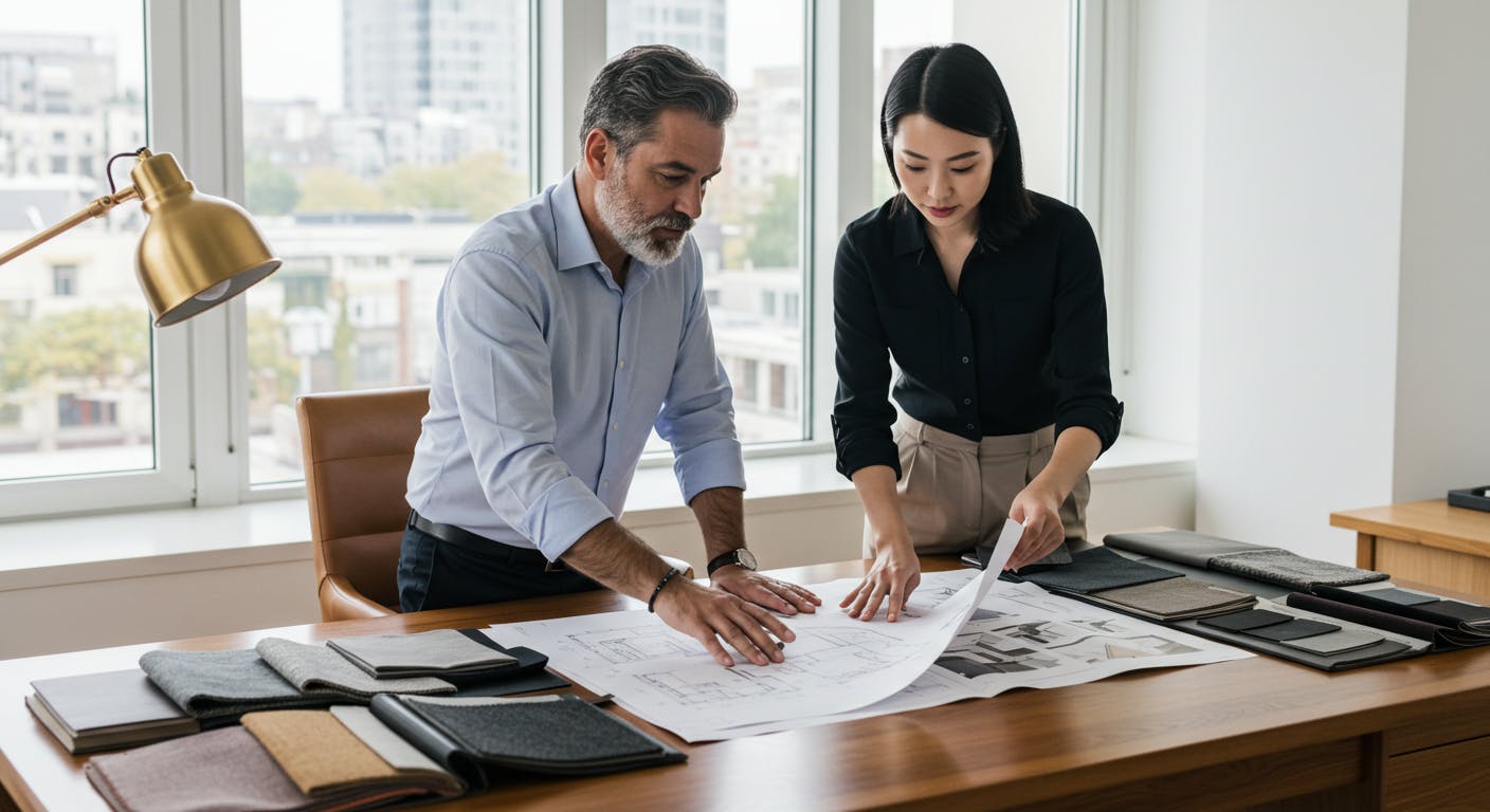 Client and designer discussing materials and layout for custom luxury furniture project.