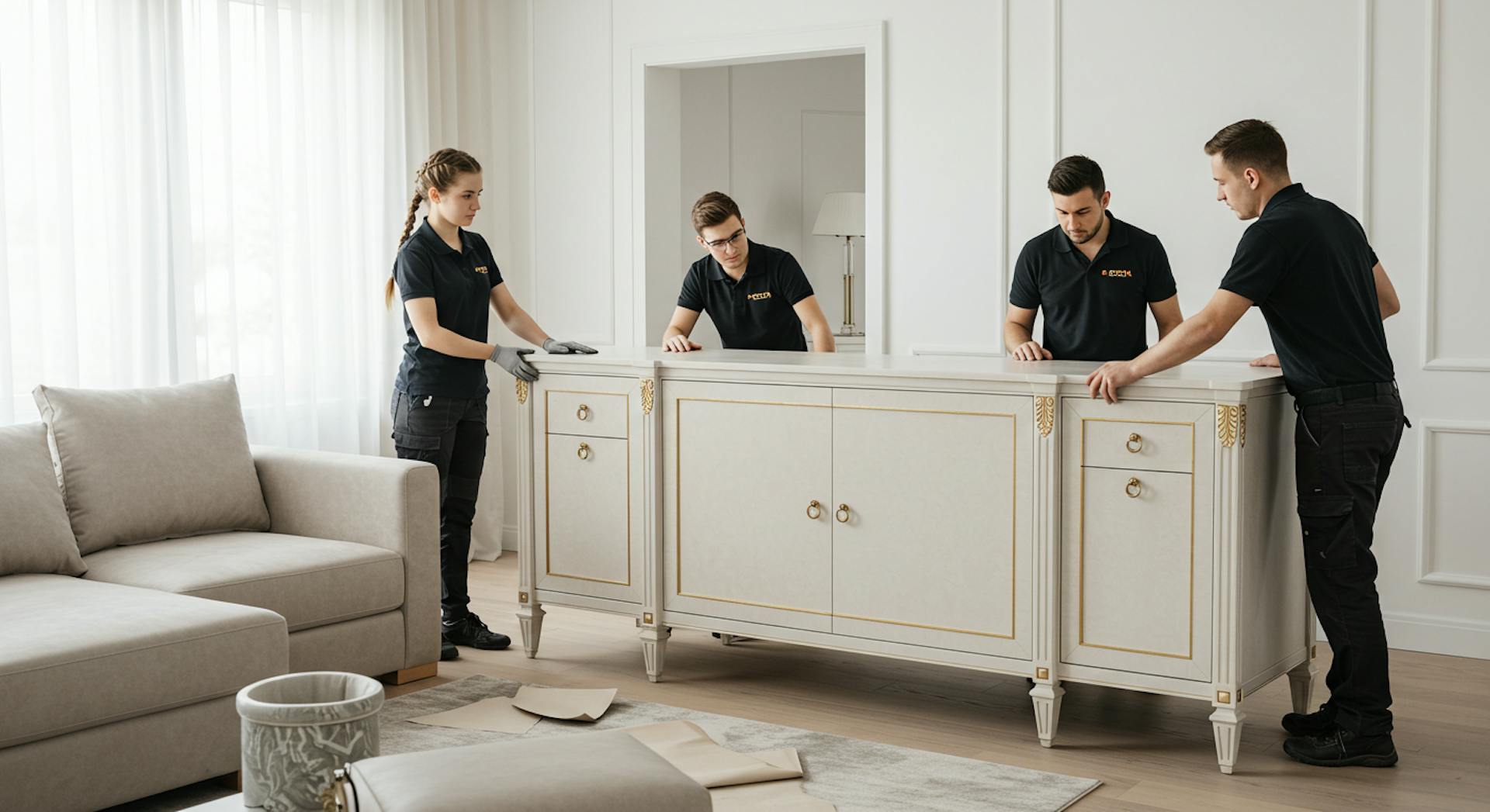 Installation team placing custom furniture in a modern home interior with final styling.