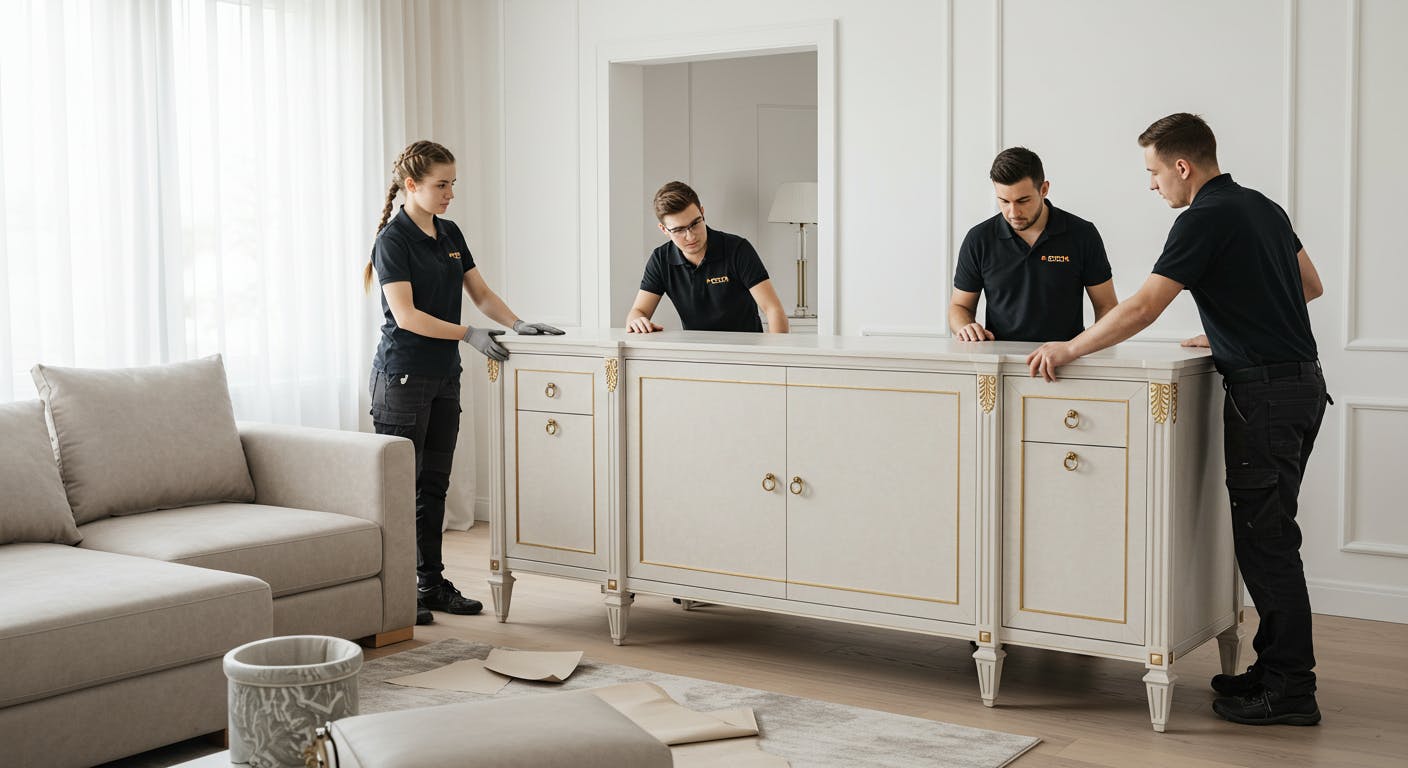 Installation team placing custom furniture in a modern home interior with final styling.