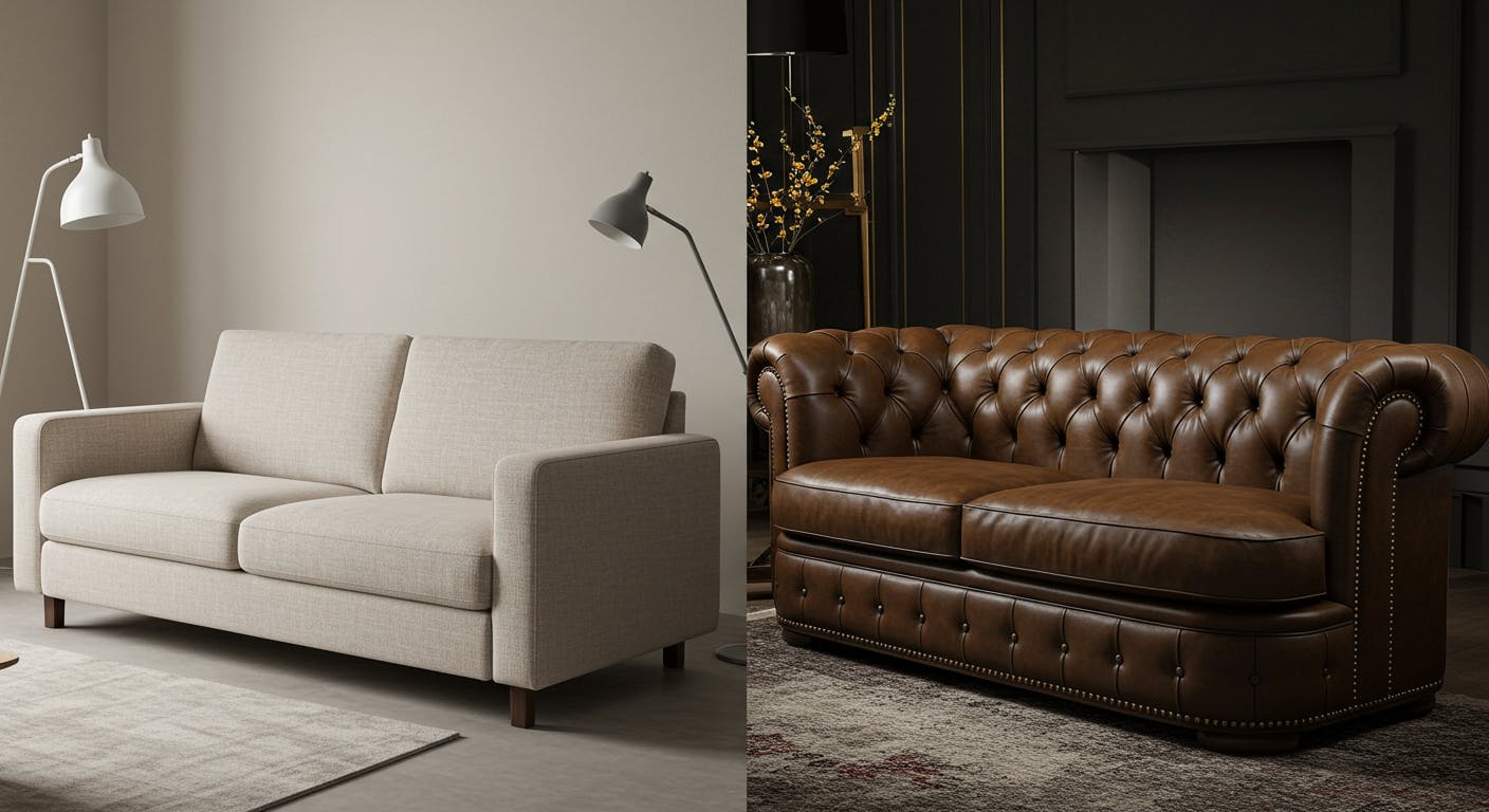 Visual comparison of mass-produced vs. handcrafted custom furniture for home interiors.
