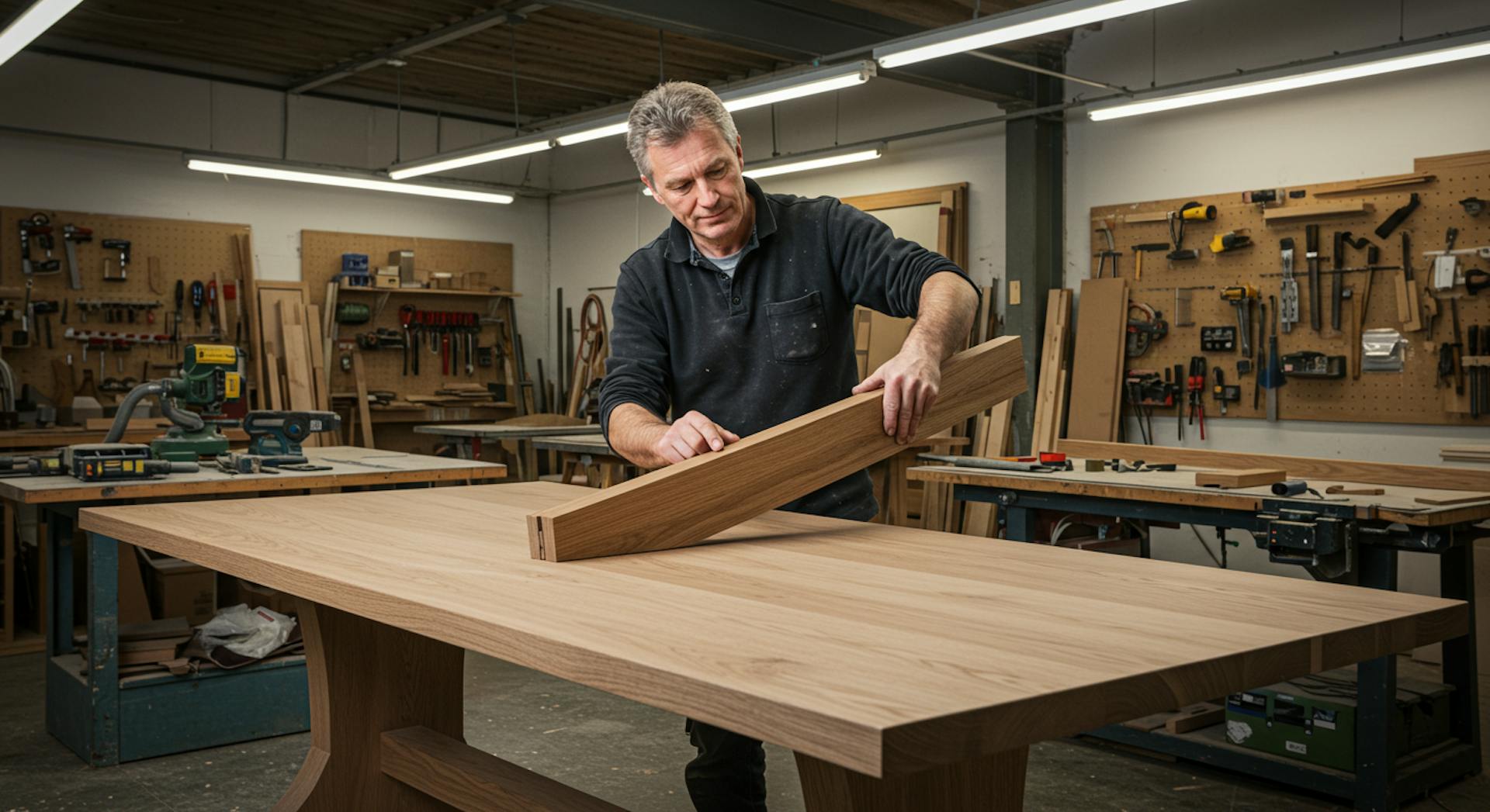 Craftsman working on luxury furniture in workshop, applying finishes and assembling pieces.