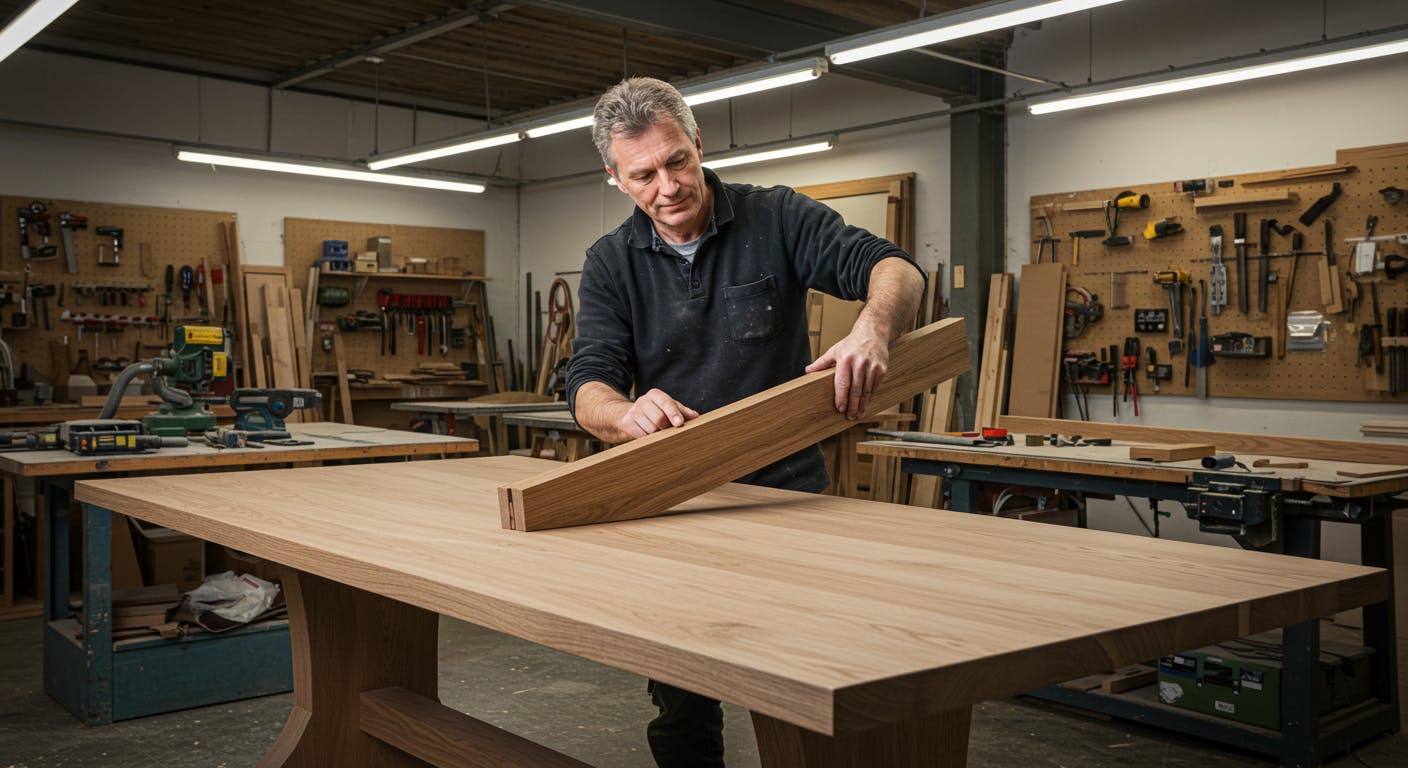 Craftsman working on luxury furniture in workshop, applying finishes and assembling pieces.