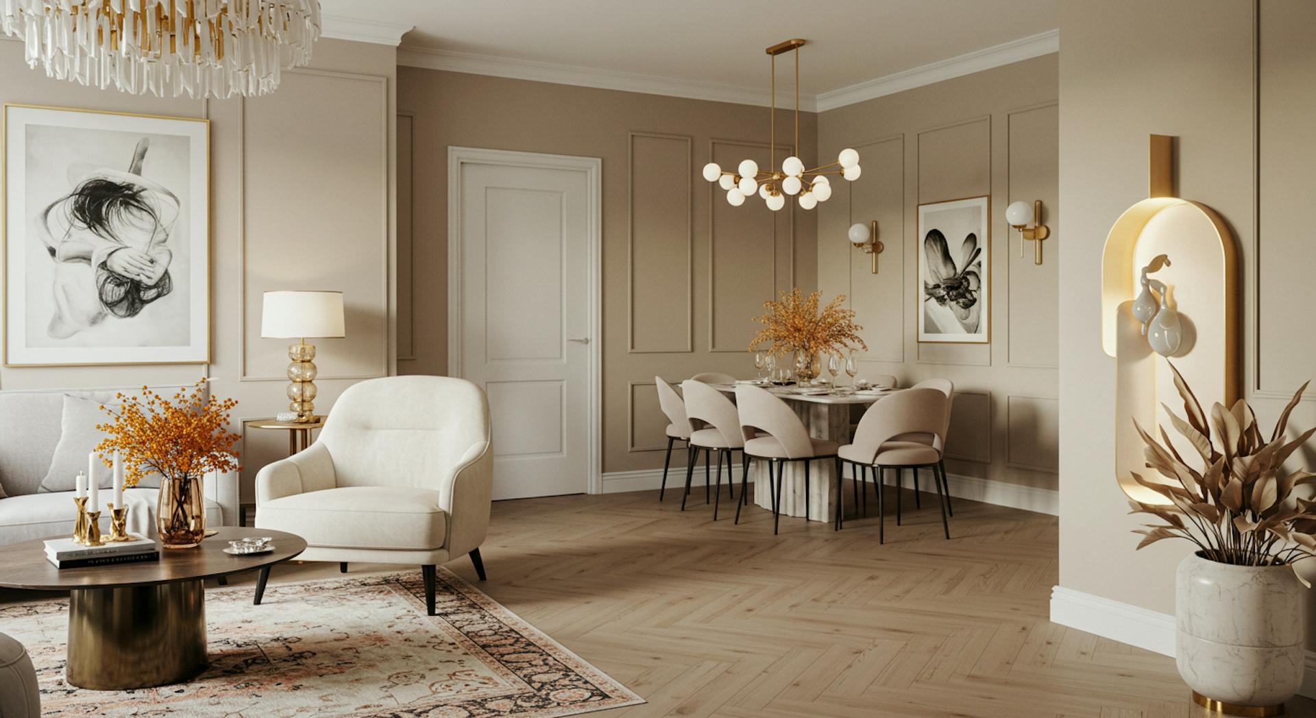 Modern interior reflecting client's personality with refined materials and elegant layout.
