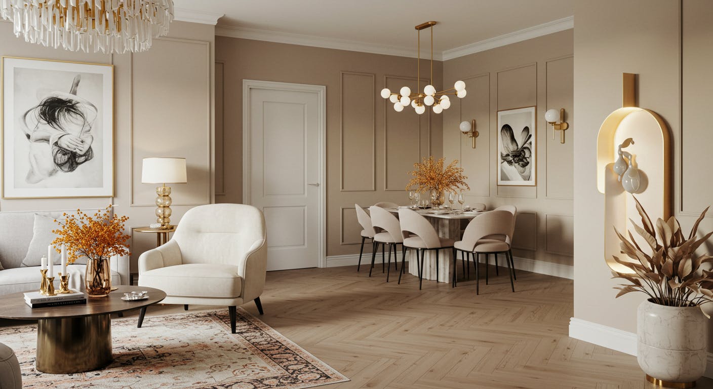 Modern interior reflecting client's personality with refined materials and elegant layout.