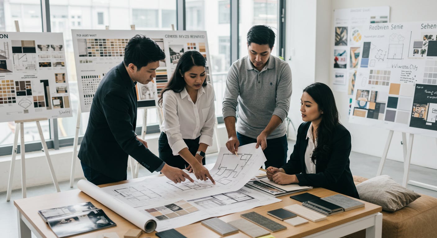 Interior design consultants helping a client choose materials and plan the layout at a studio.