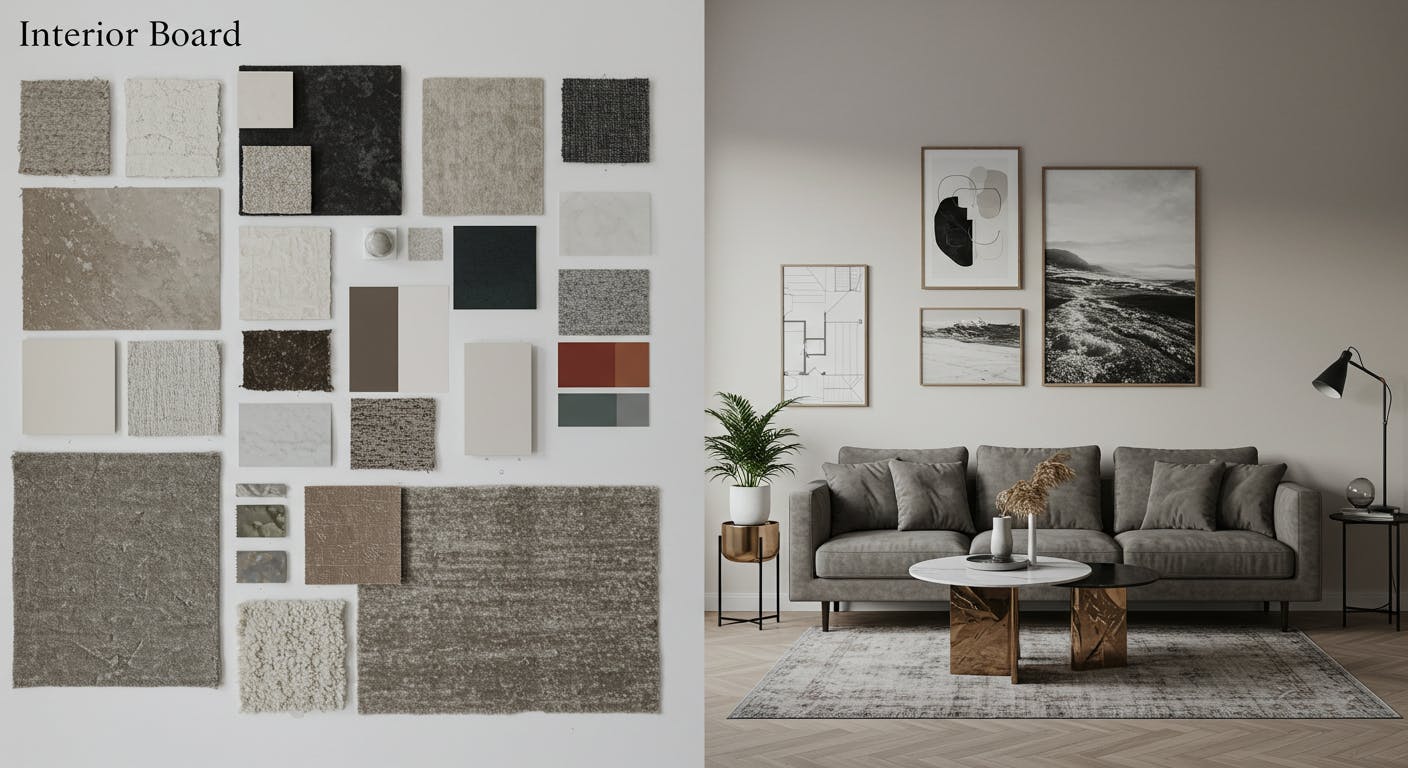 Mood board and project materials prepared for a holistic home design, showing no improvisation.