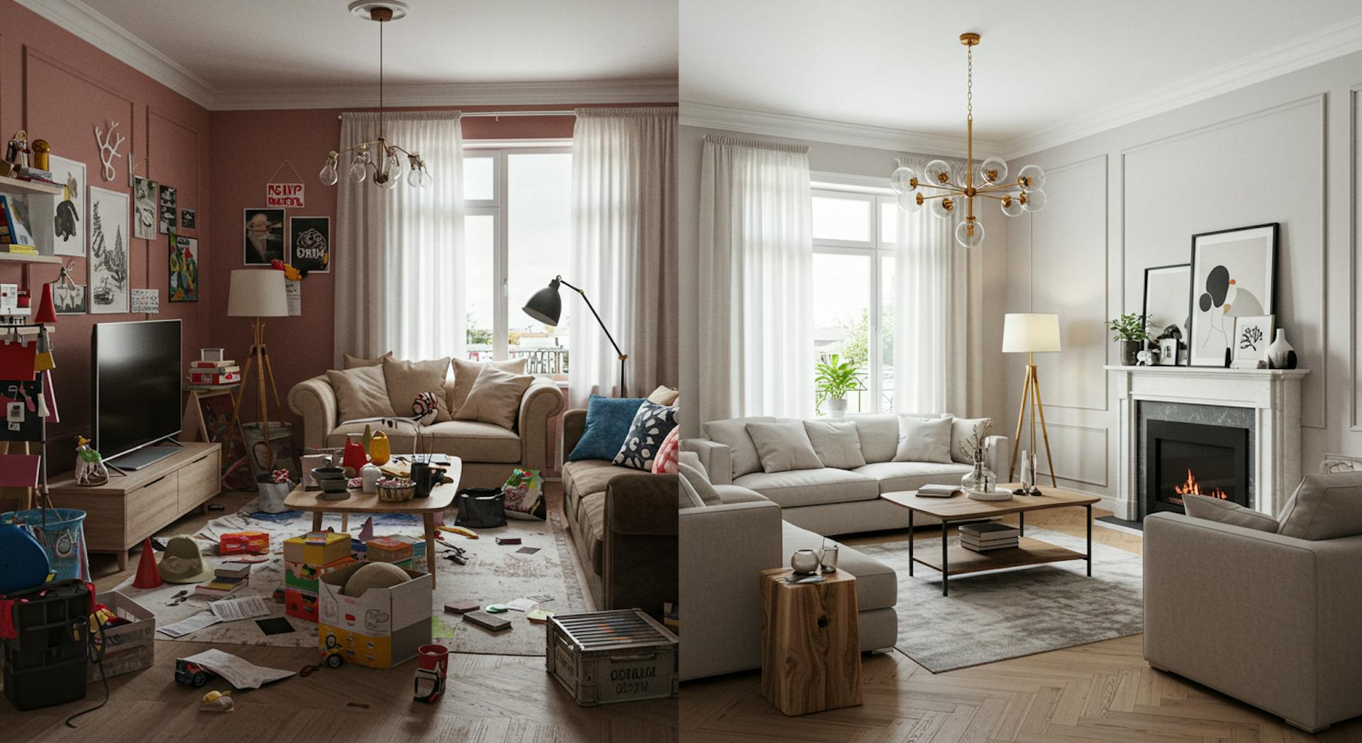 Side-by-side view of a mismatched home vs. a cohesive, elegant space designed professionally.