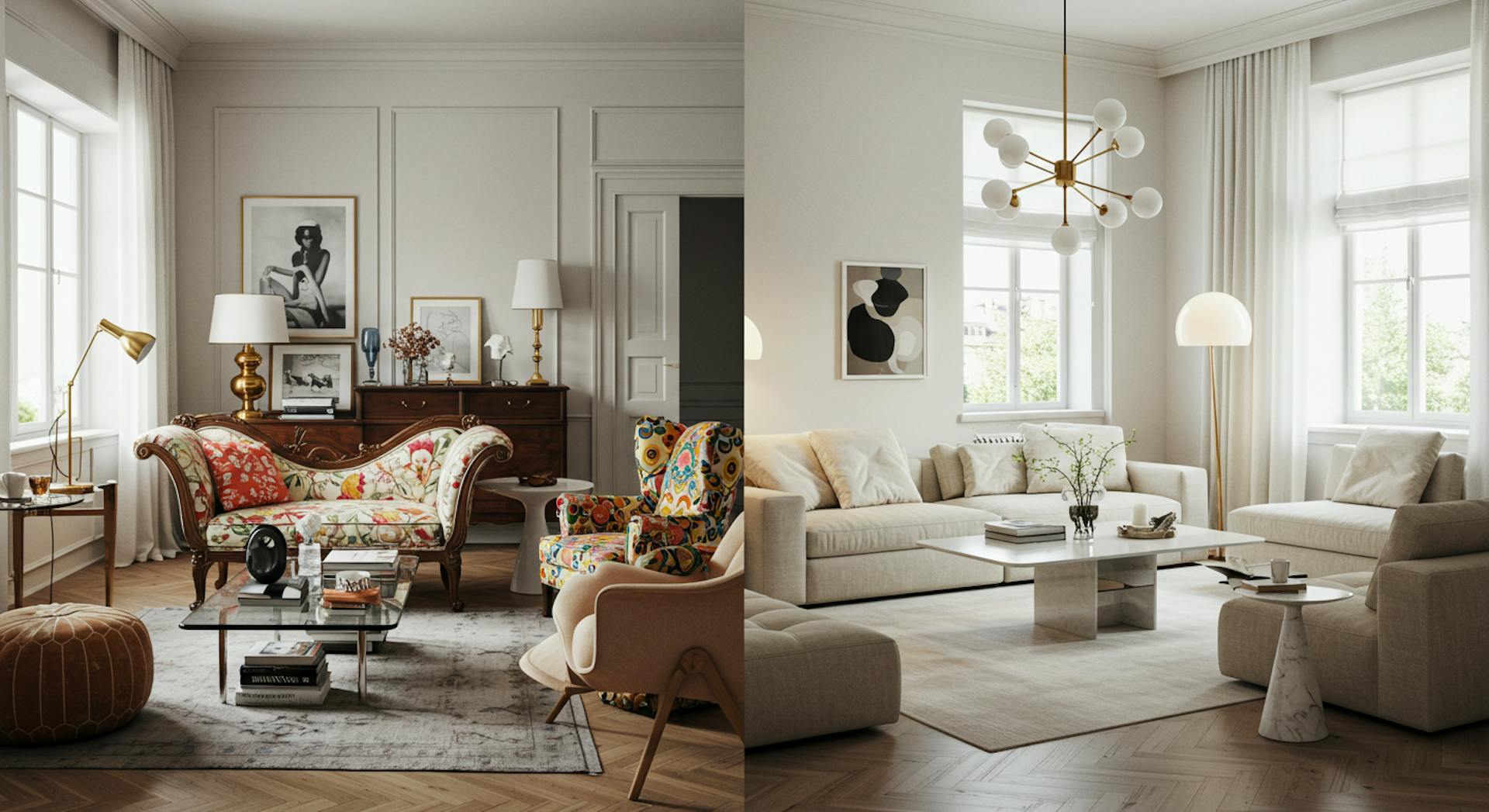 Comparison between clashing furniture styles and a cohesive luxury interior with integral design.