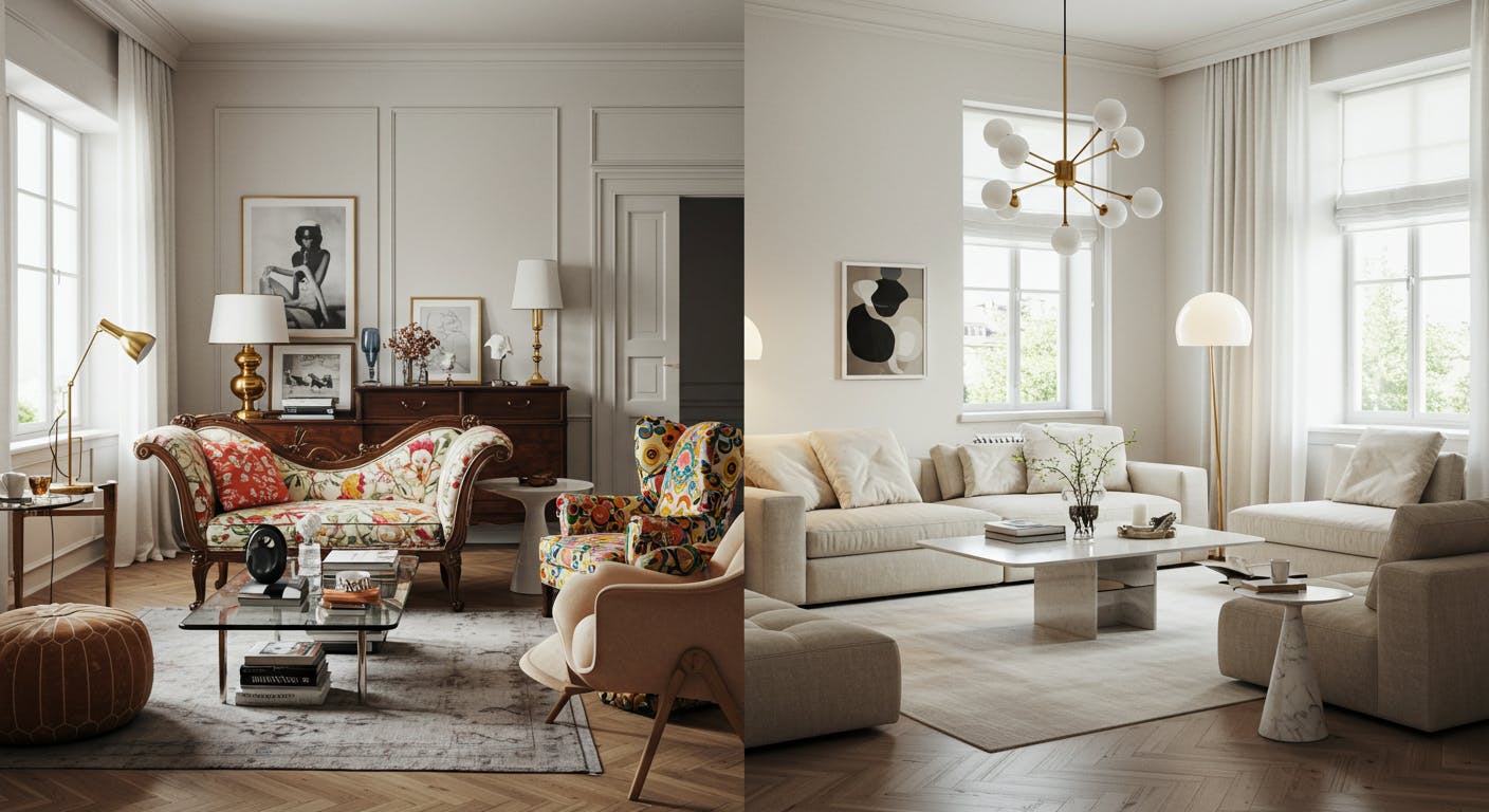 Comparison between clashing furniture styles and a cohesive luxury interior with integral design.