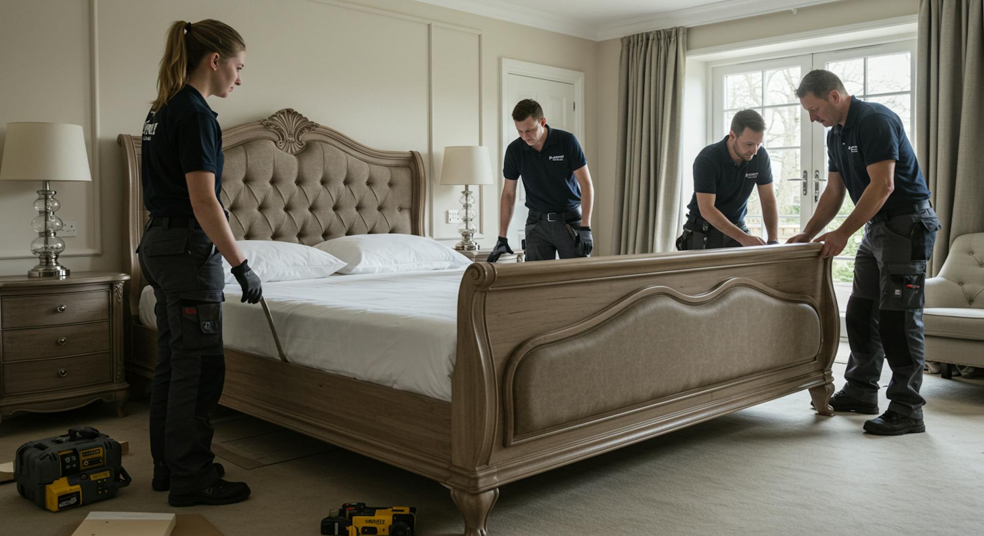 Professional team assembling luxury furniture with care and quality inspection.
