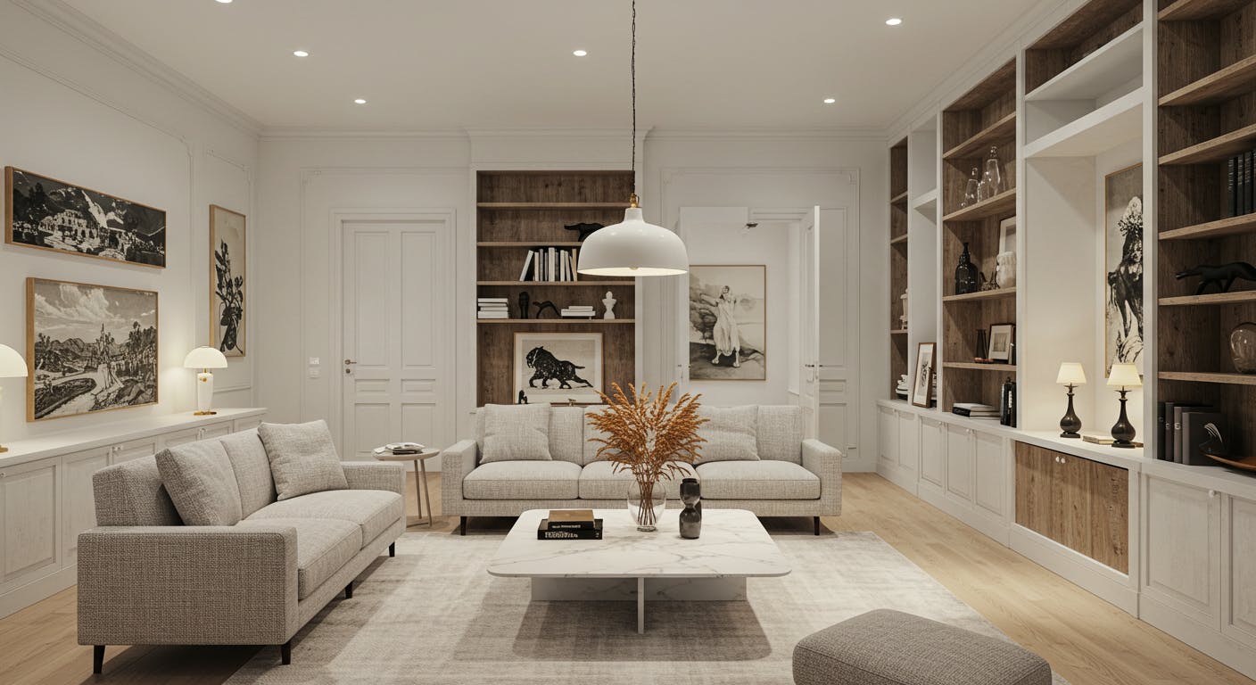 Interior that feels personal and unique, with emotional touches, custom decor and soft lighting.