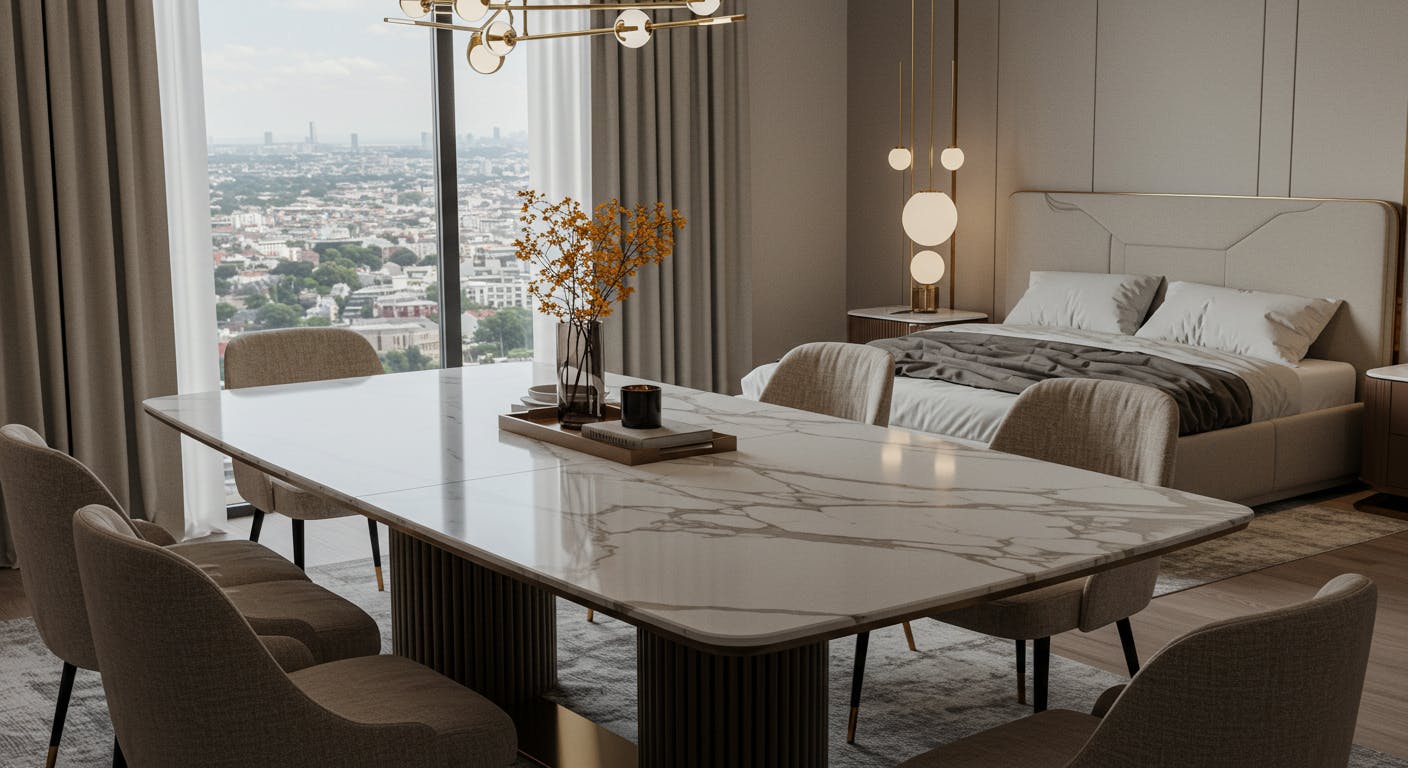 Interior designer presenting 3D renders and samples to a client for a personalised home project.