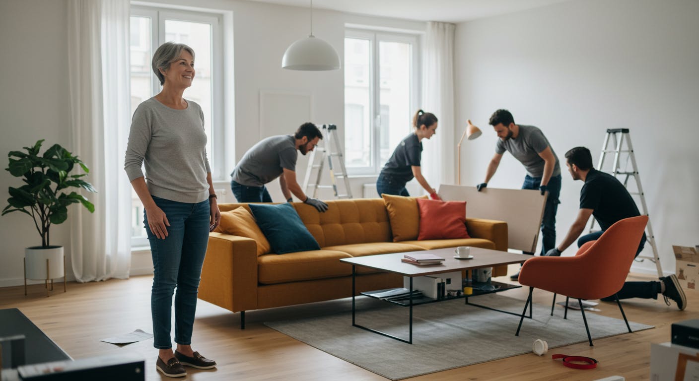 Homeowner smiling while professionals furnish their home, enjoying a smooth design experience.