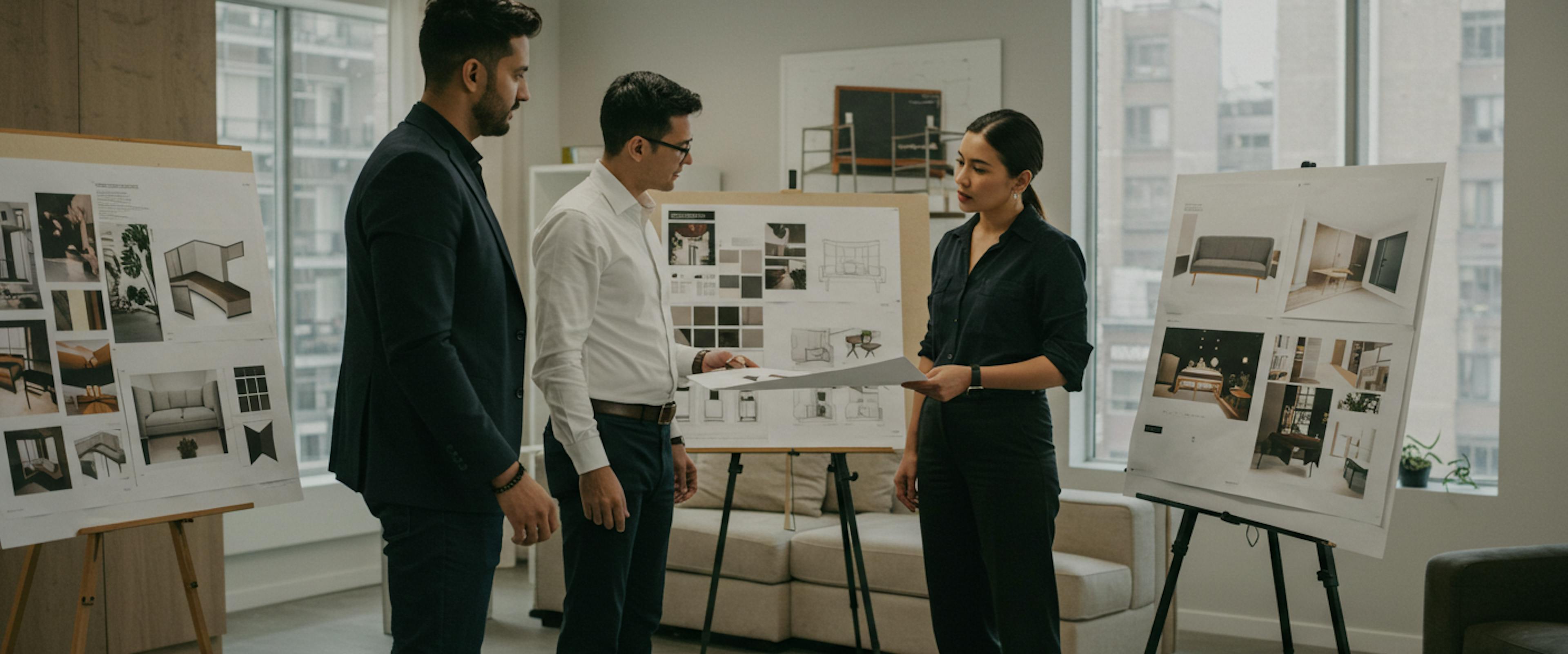 Equipo de Eclipse Design colaborando con un cliente en el diseño de interiores de lujo.