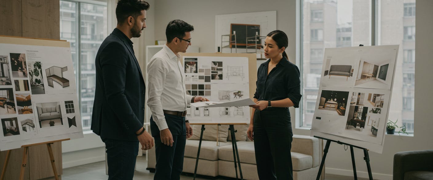 Equipo de Eclipse Design colaborando con un cliente en el diseño de interiores de lujo.