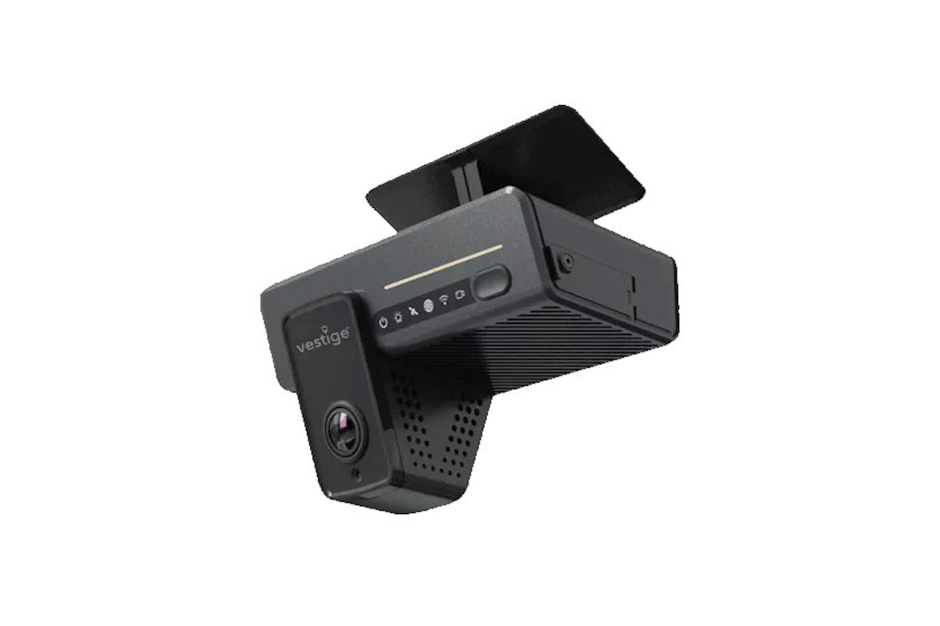 In-vehicle dash camera device mounted on a bracket, showing a forward-facing lens and control buttons.