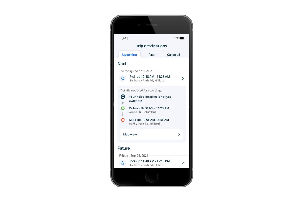 Smartphone displaying a transit app screen titled “Trip destinations” with upcoming and future rides listed, including pickup and drop-off times and locations.