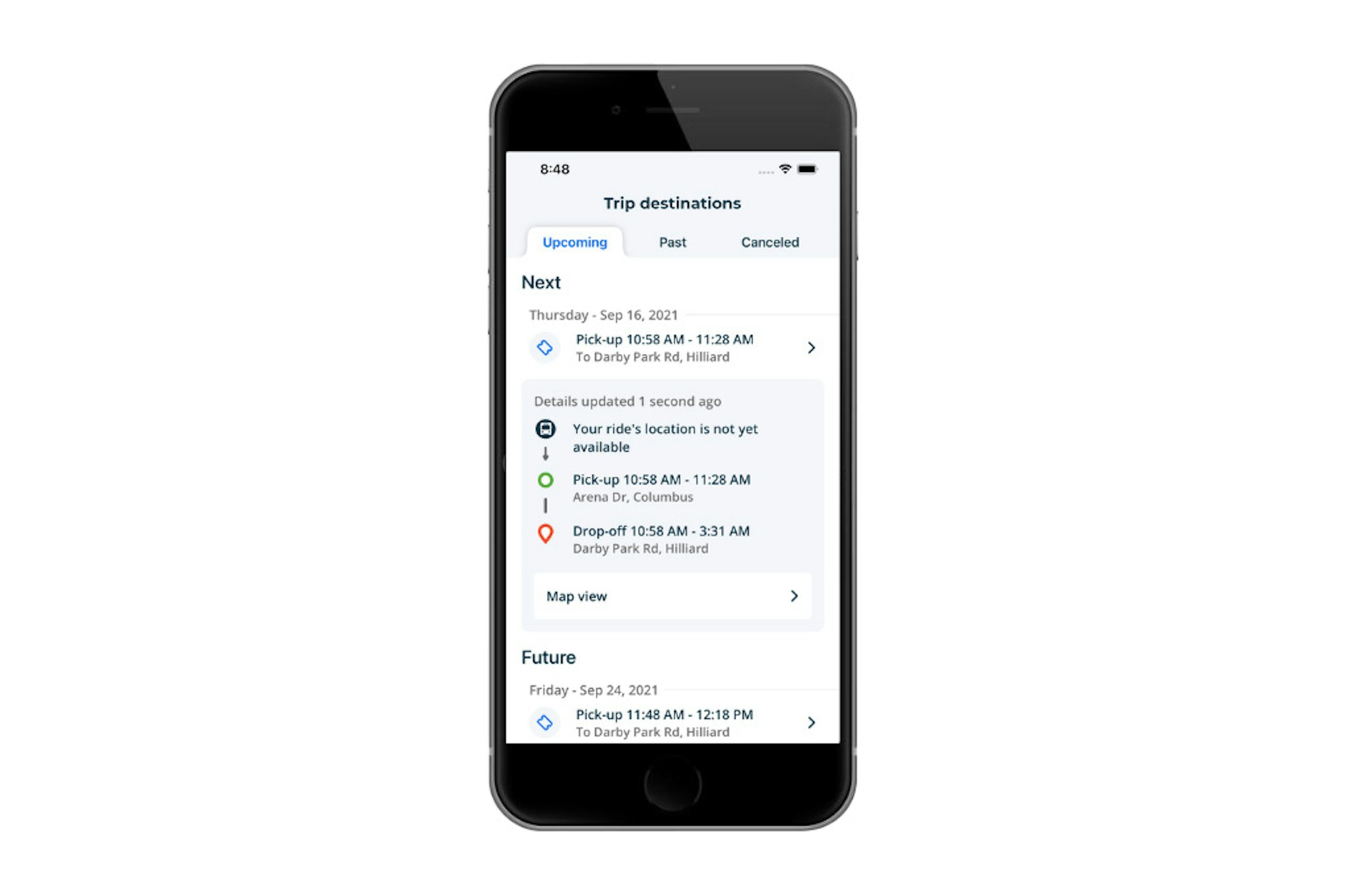 Smartphone displaying a transit app screen titled “Trip destinations” with upcoming and future rides listed, including pickup and drop-off times and locations.