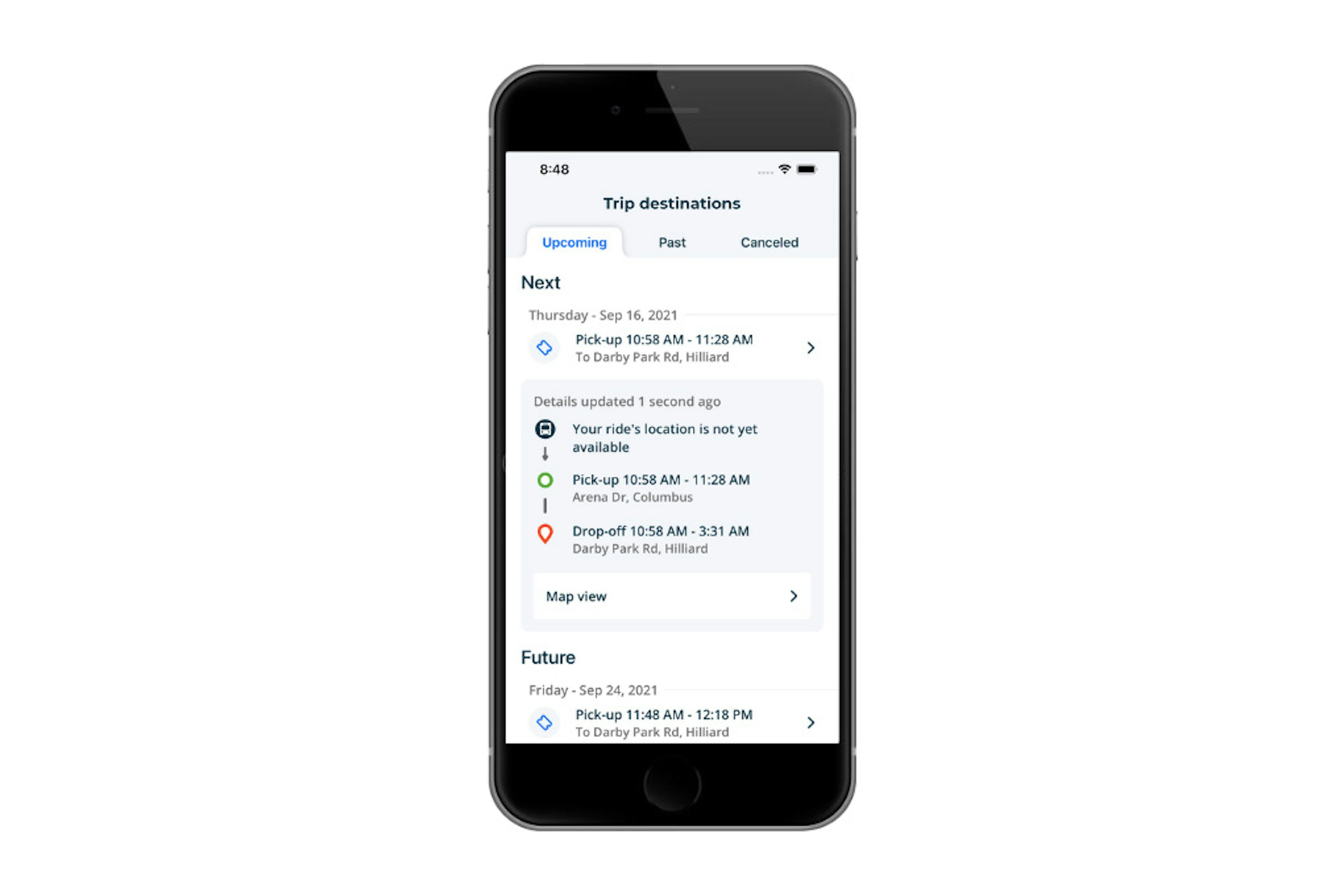 Smartphone displaying a transit app screen titled “Trip destinations” with upcoming and future rides listed, including pickup and drop-off times and locations.