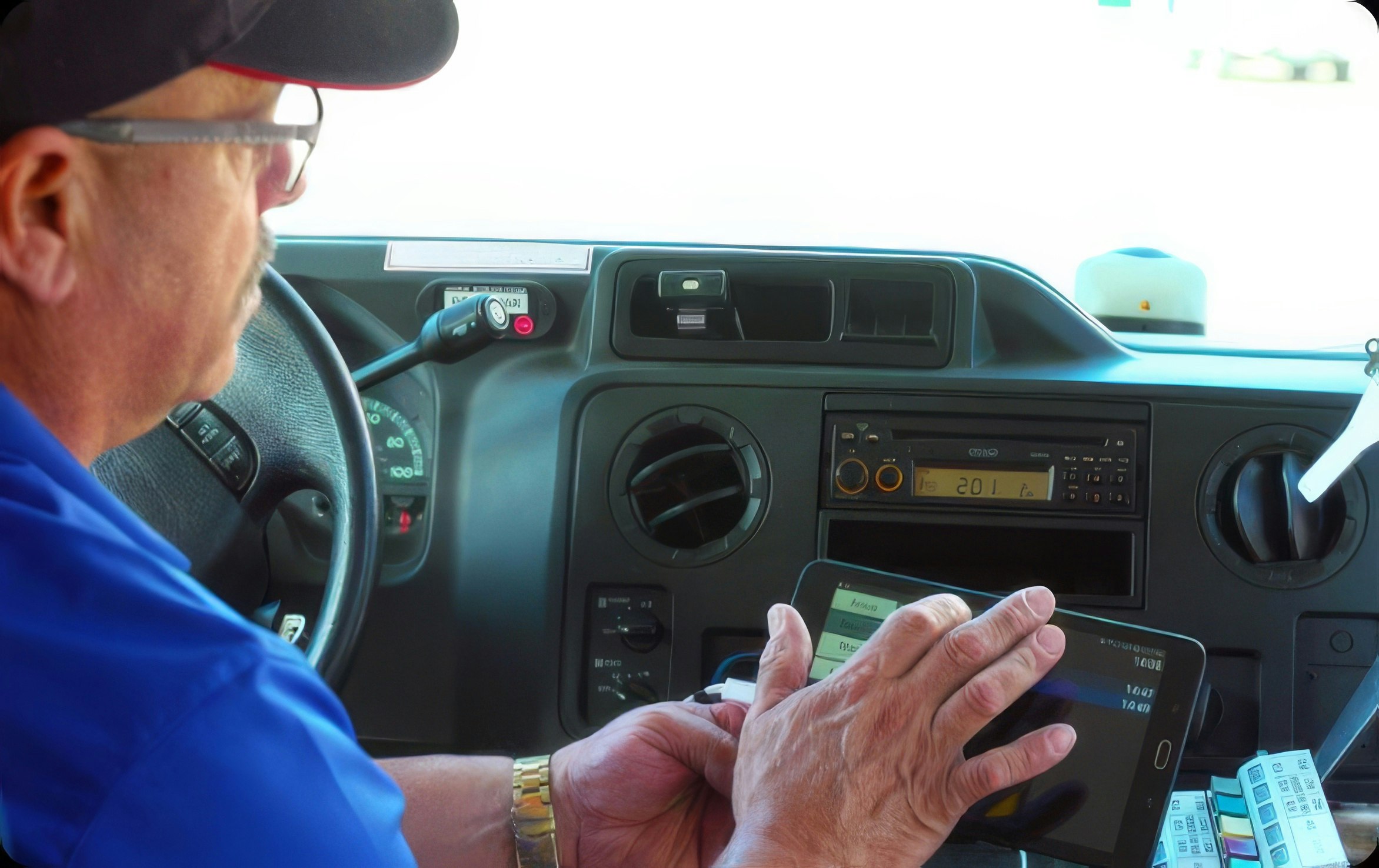 Transit driver seated in the cab uses a handheld tablet to review or enter trip information while the vehicle is parked.