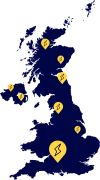 Map of the UK showing some locations of Pod chargers