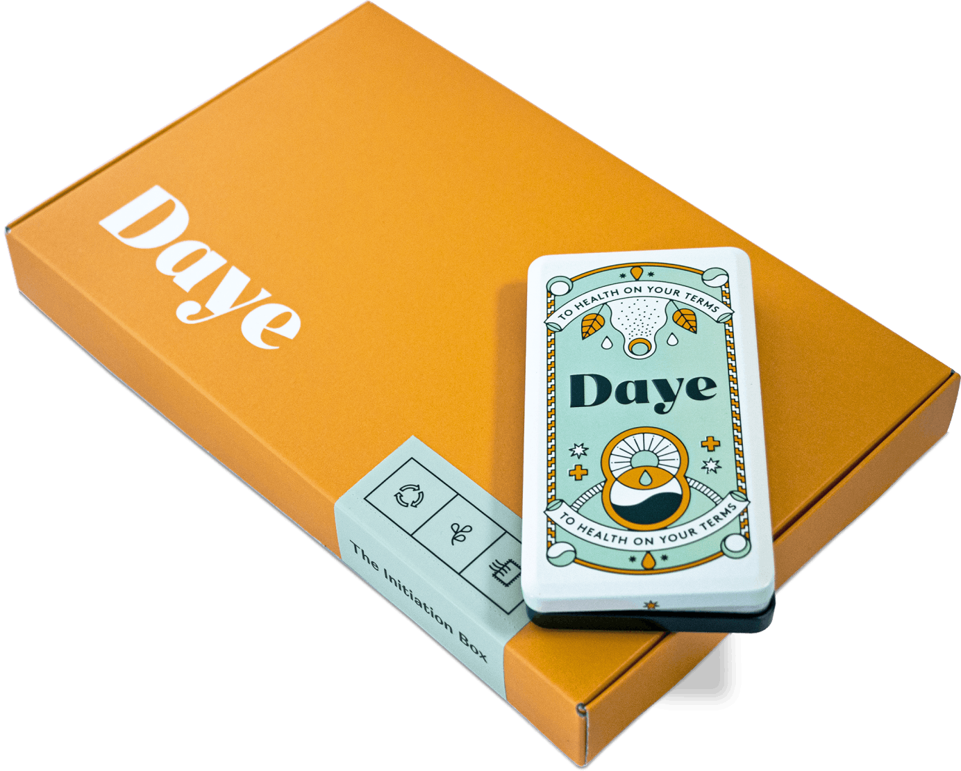 An orange cardboard box with pain-relieving sustainable Daye tampons and an endlessly recyclable aluminium tin with organic Daye tampons