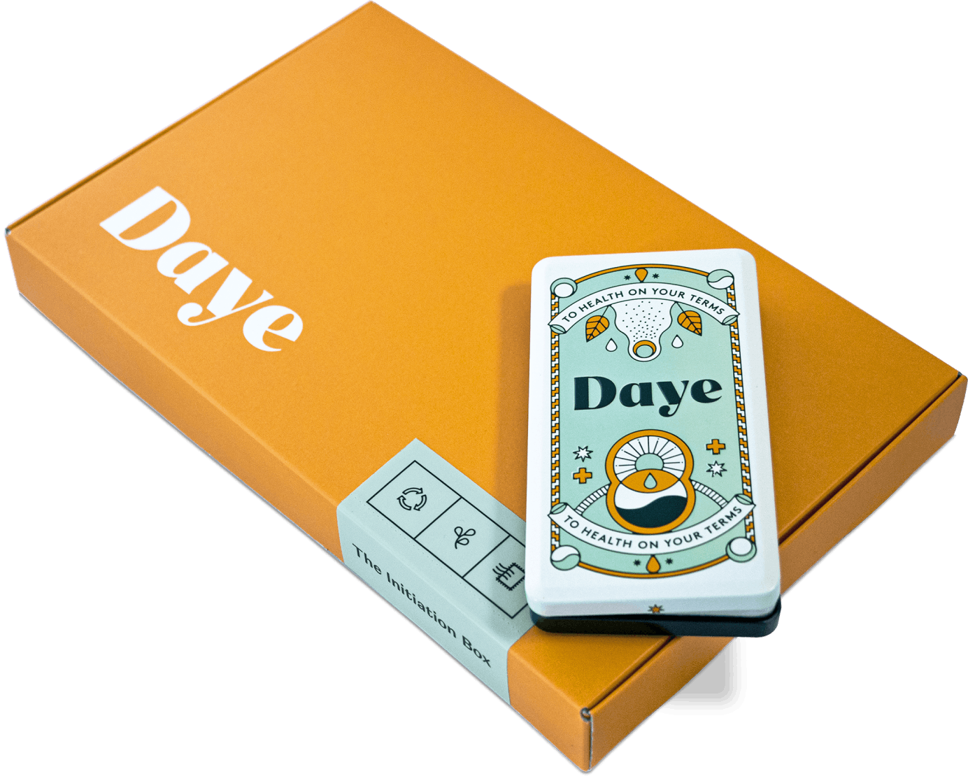 An orange cardboard box with pain-relieving sustainable Daye tampons and an endlessly recyclable aluminium tin with organic Daye tampons 