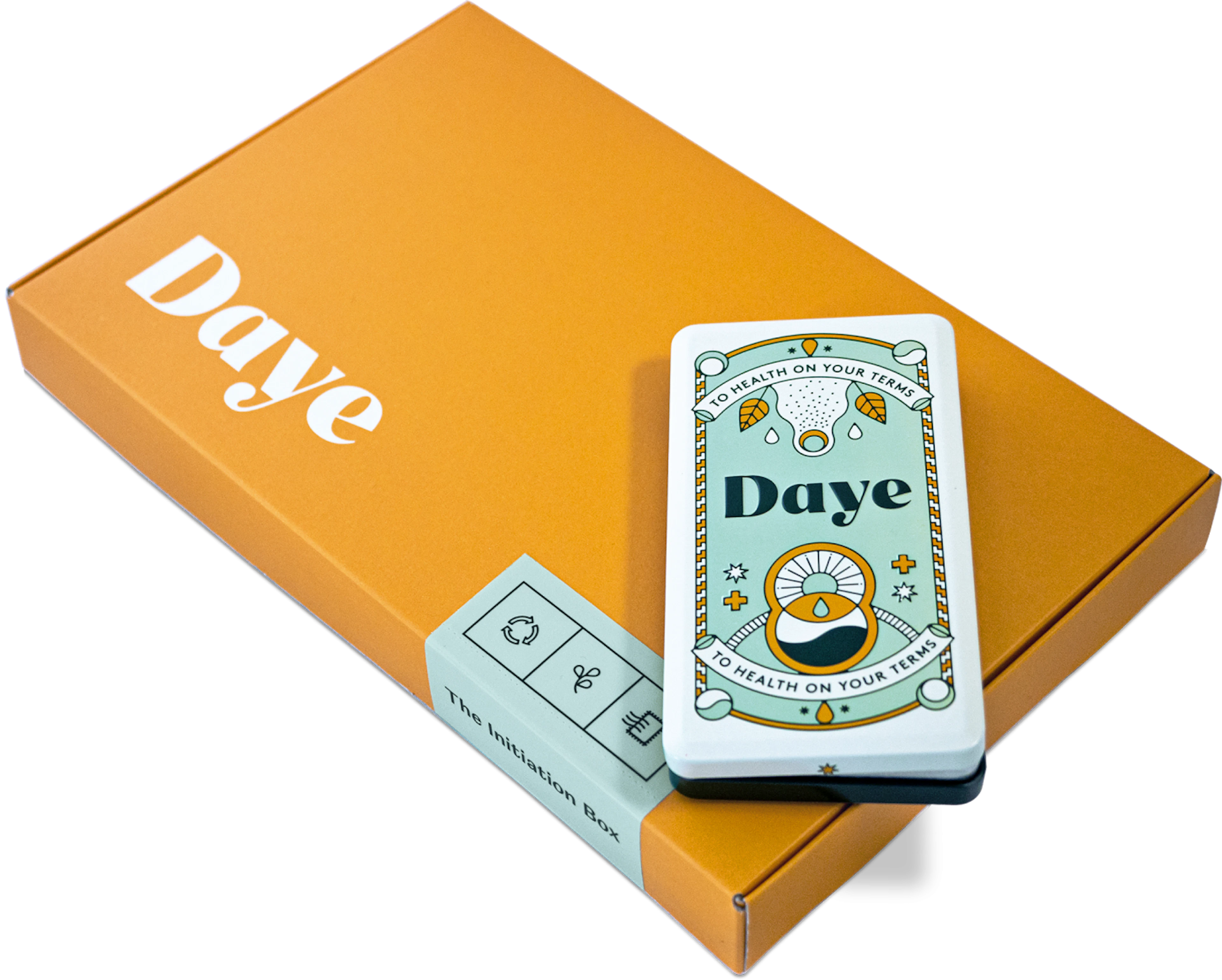 An eco-friendly, compostable orange cardboard box with pain-relieving, sustainable Daye tampons and an endlessly recyclable aluminium tin to store your tampons on the go