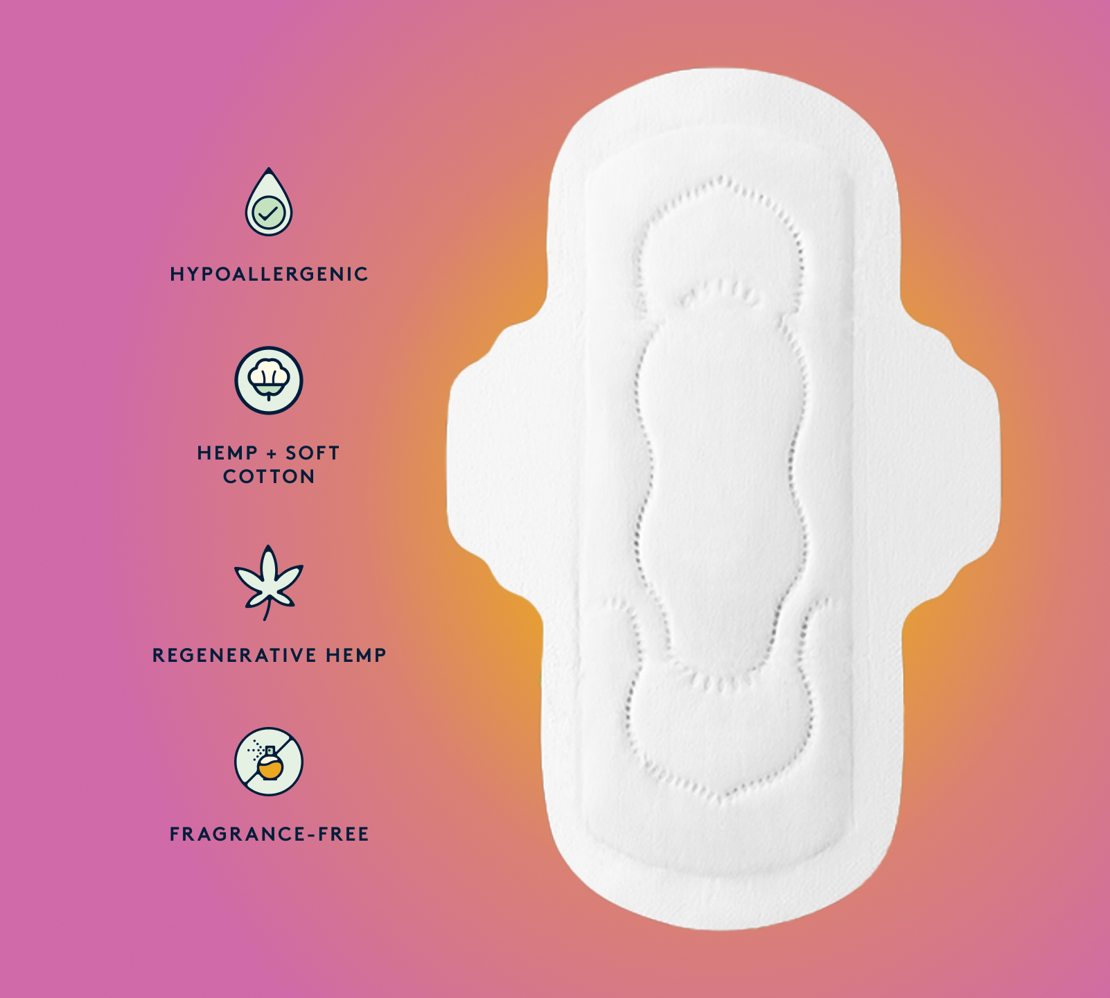 Daye hemp pad with callouts: hypoallergenic, hemp and soft cotton, regenerative hemp, fragrance-free