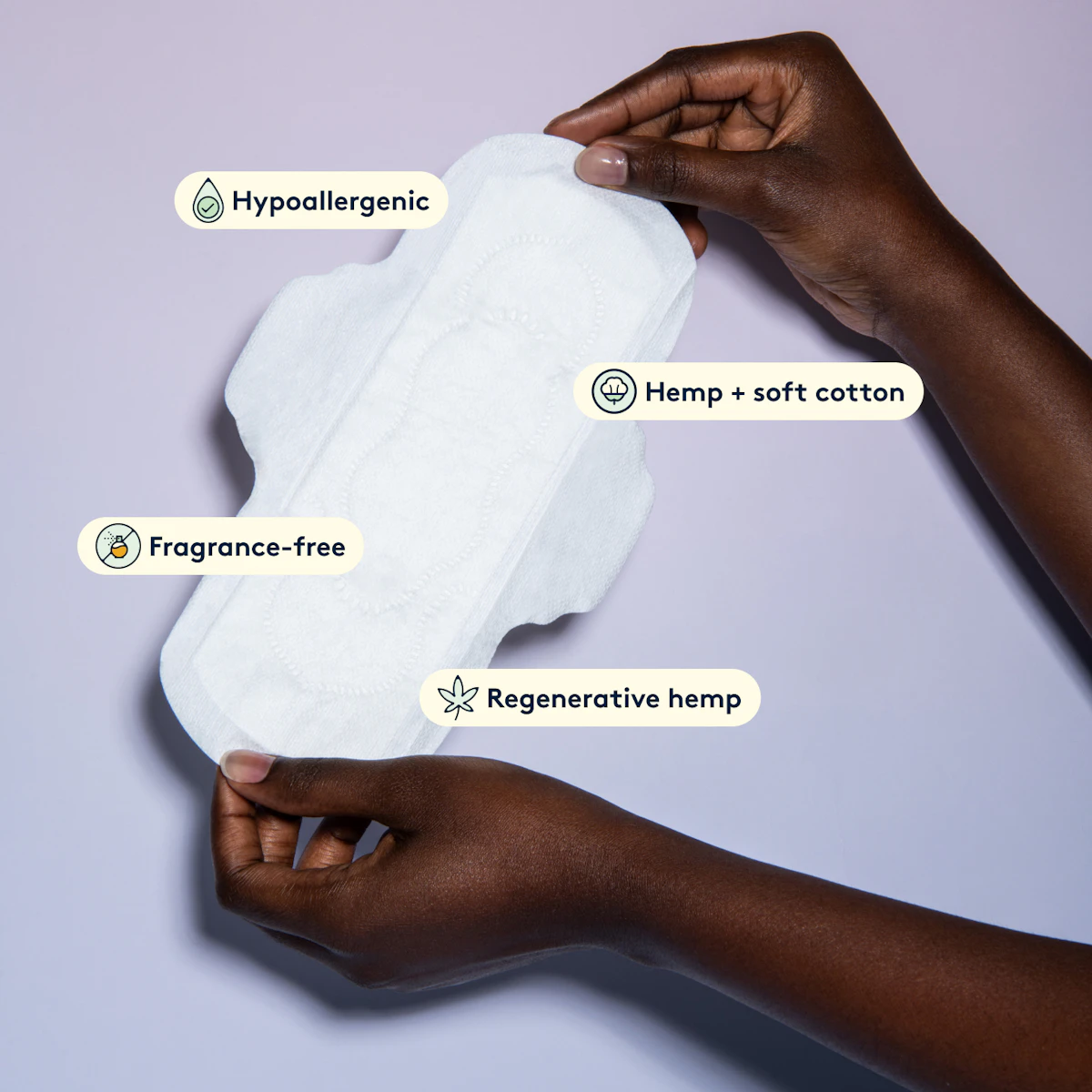 Hypoallergenic, hemp + soft cotton, fragrance-free, regenerative hemp description of the hemp pads