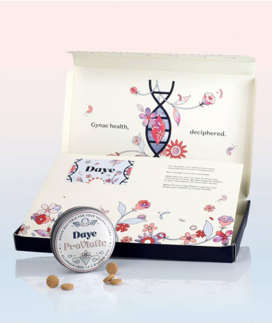 Box filled with Daye's vaginal health goods vaginal screening kit and proviotics