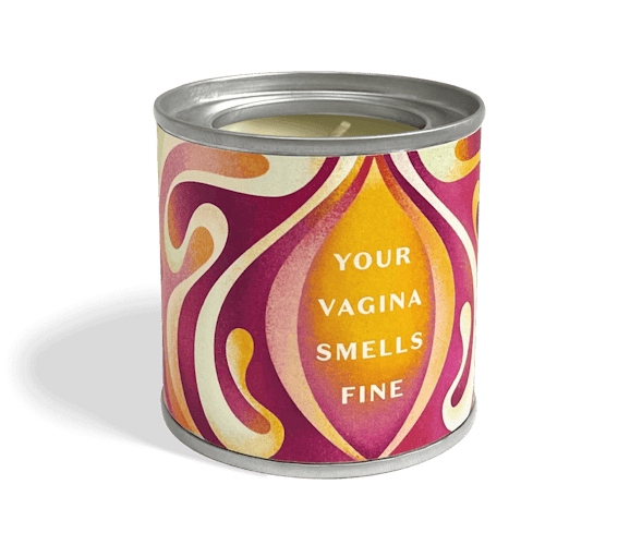a photo of the your vagina smells fine candle which is housed in an aluminium tin with a sticker that is violet orange and cream