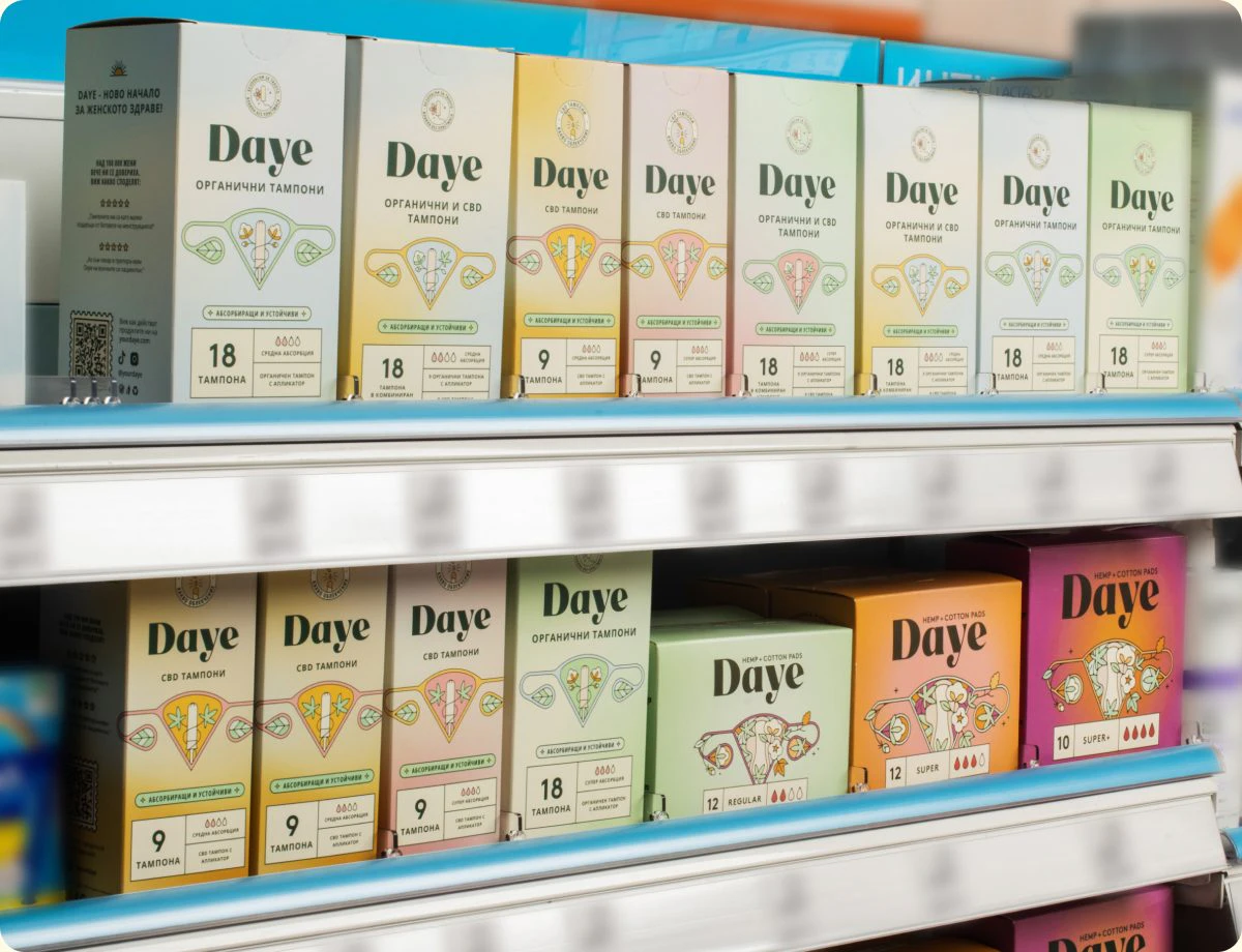 Daye products on a pharmacy shelf