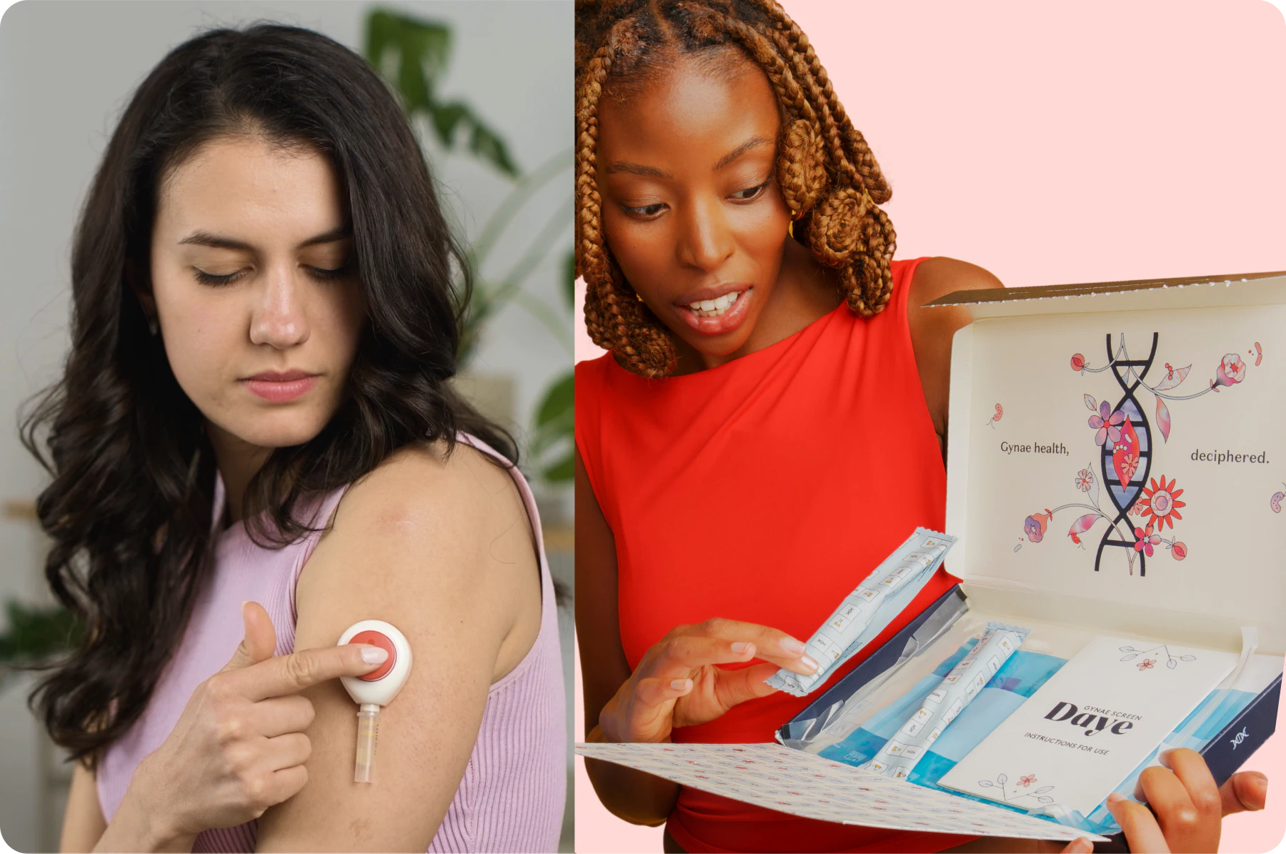 Left, a woman using a Daye blood-collection device on her arm; right, a woman opening a Daye Gynae Screen kit