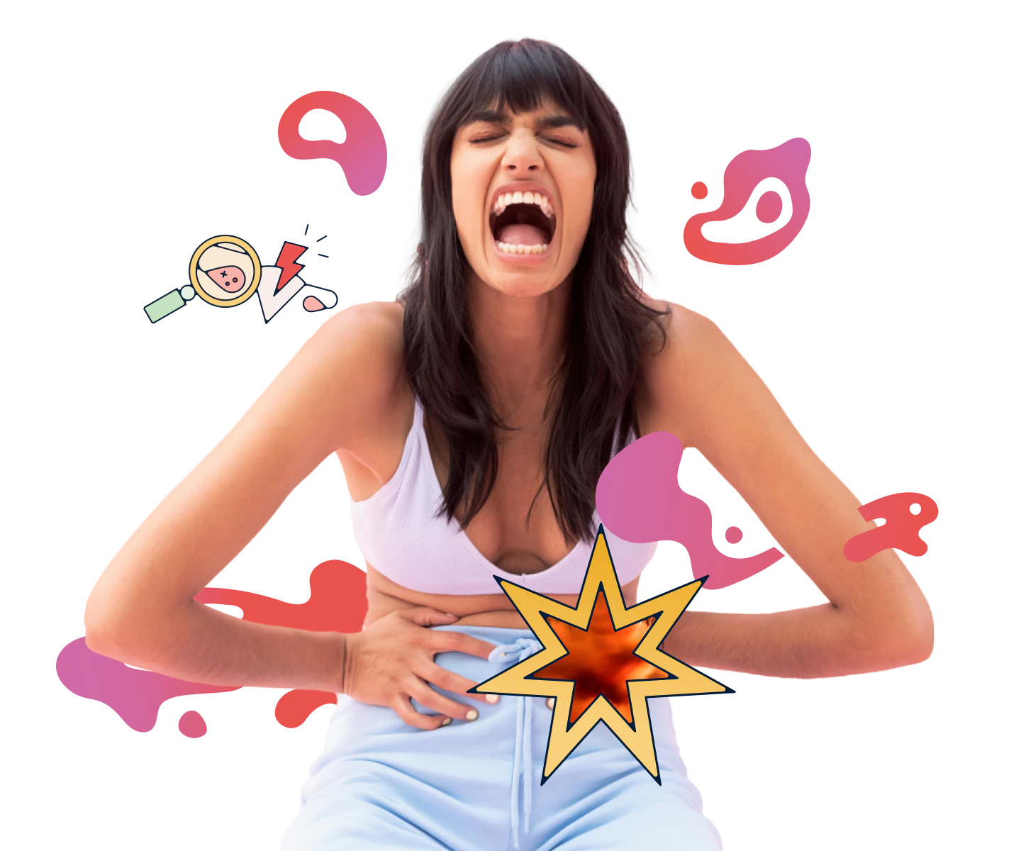 A woman in pain holding her stomach
