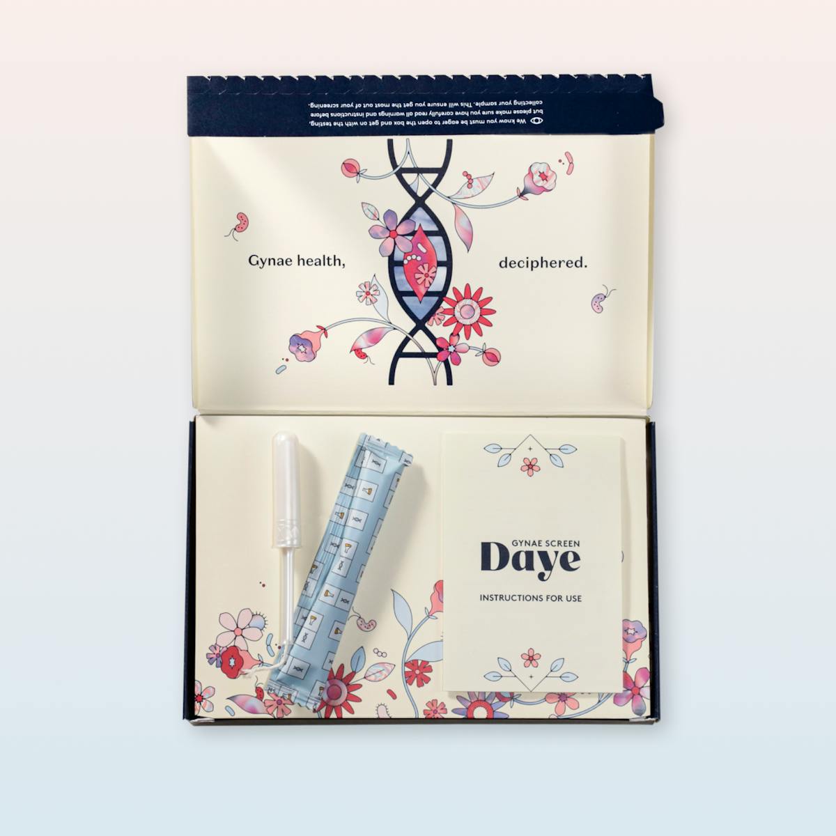 Gynae health kit from Daye. The kit is open, showing a tampon applicator, a wrapped tampon, and an instruction booklet with floral designs. The text reads 'Gynae health, deciphered.