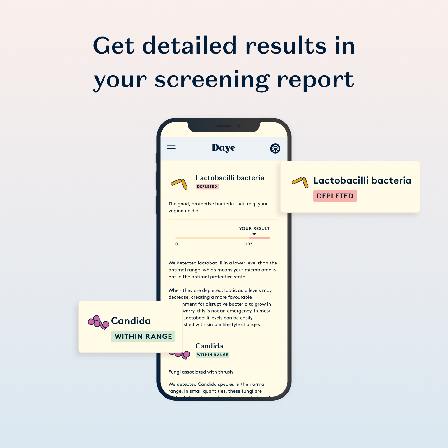 Daye screening report displayed on a mobile phone screen. Results indicate depleted Lactobacilli bacteria and within range Candida. The text encourages users to understand their detailed screening results.