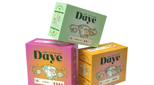 Three stacked boxes of Daye hemp and cotton pads in colorful packaging, each labeled for different absorbency levels: Super+, Super, and Regular