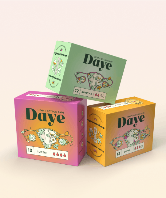 Three stacked boxes of Daye hemp and cotton pads in colorful packaging, each labeled for different absorbency levels: Super+, Super, and Regular.