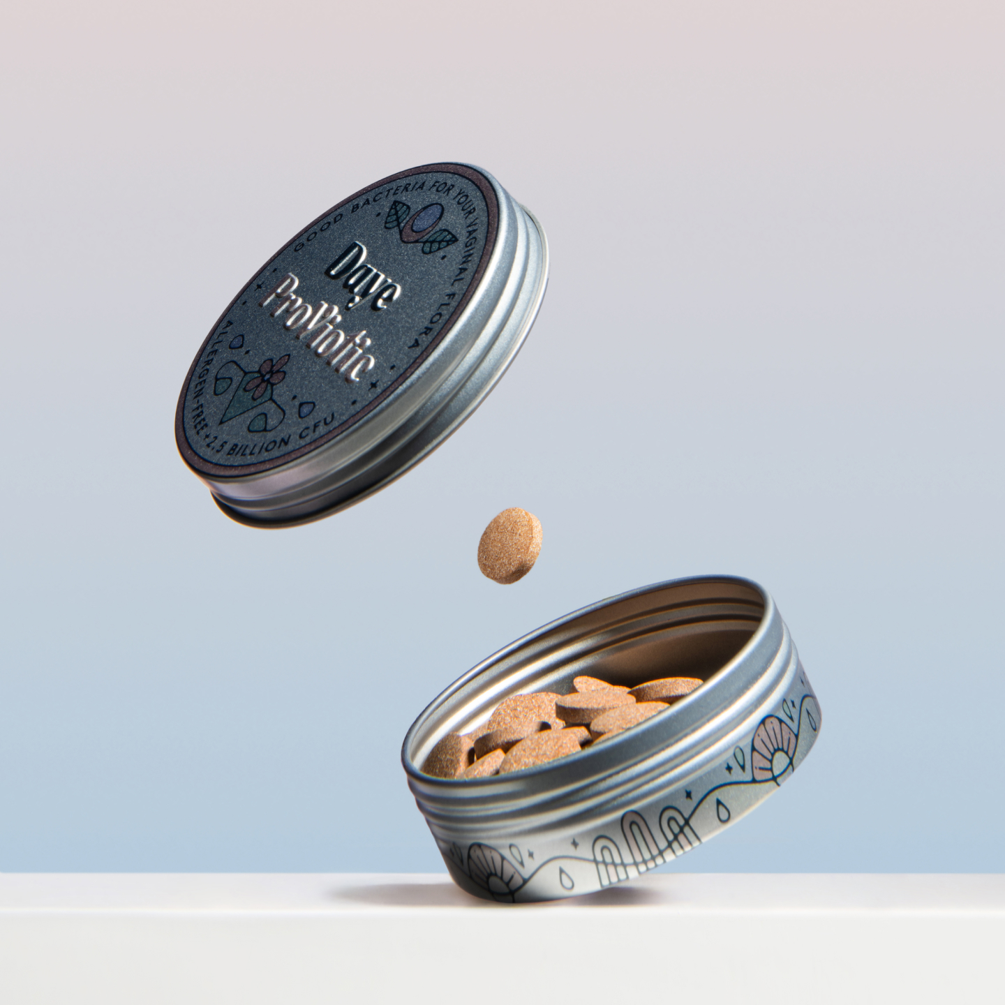 A round tin aluminium box holding 30 ProViotics tablets containing good lactobacilli that are freeze-dried