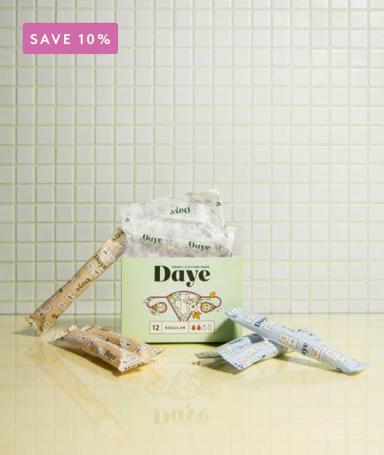 Mix of Daye's sustainable organic CBD pain relief tampons and biodegradable pads