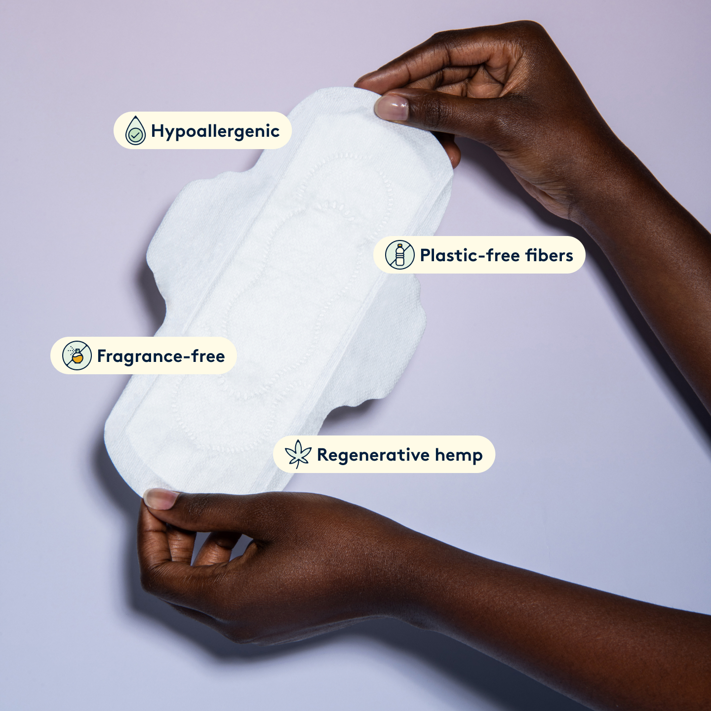 Hypoallergenic, Plastic-free fibers, Fragrance-free, Regenerative hemp description of the hemp pads