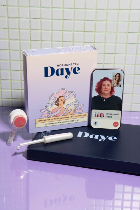 Daye Hormone Test box beside a video call with a gynae health expert
