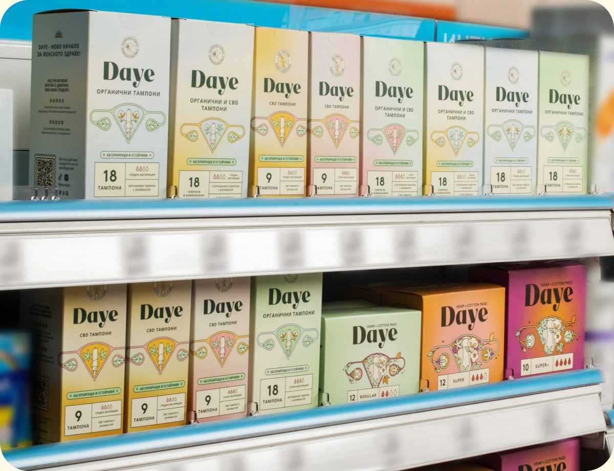 Daye products on a pharmacy shelf