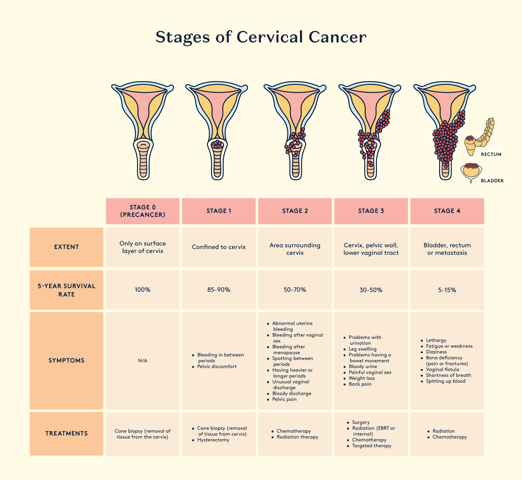 Stages of cancer, 5-year survival rate and symptoms.